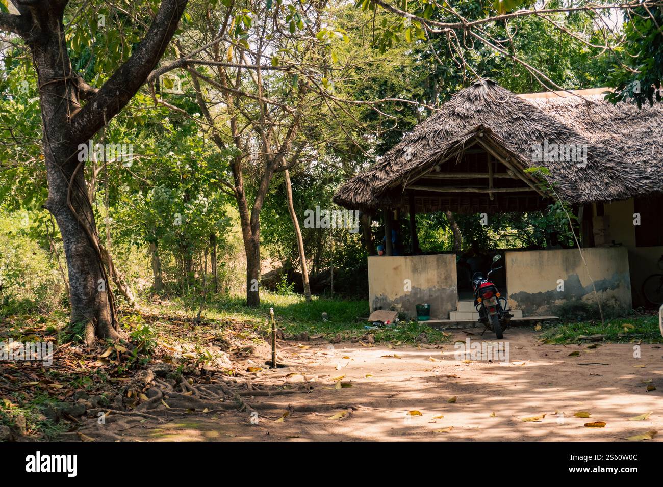 Bauwerke und traditionelle Ornamente im Kaya Kinodo Sacred Forest Museum in Diani Beach, Kwale County in Kenia Stockfoto