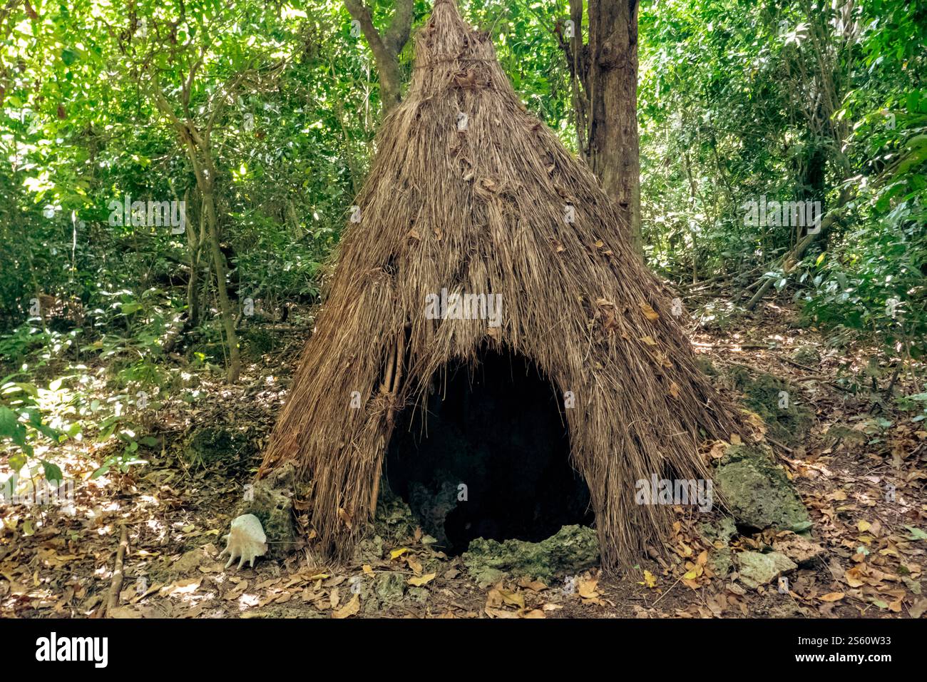Eine heilige Hütte, die als Gebetsplatz im Kaya Kinodo Sacred Forest in Diani Beach, Kwale County in Kenia genutzt wurde Stockfoto