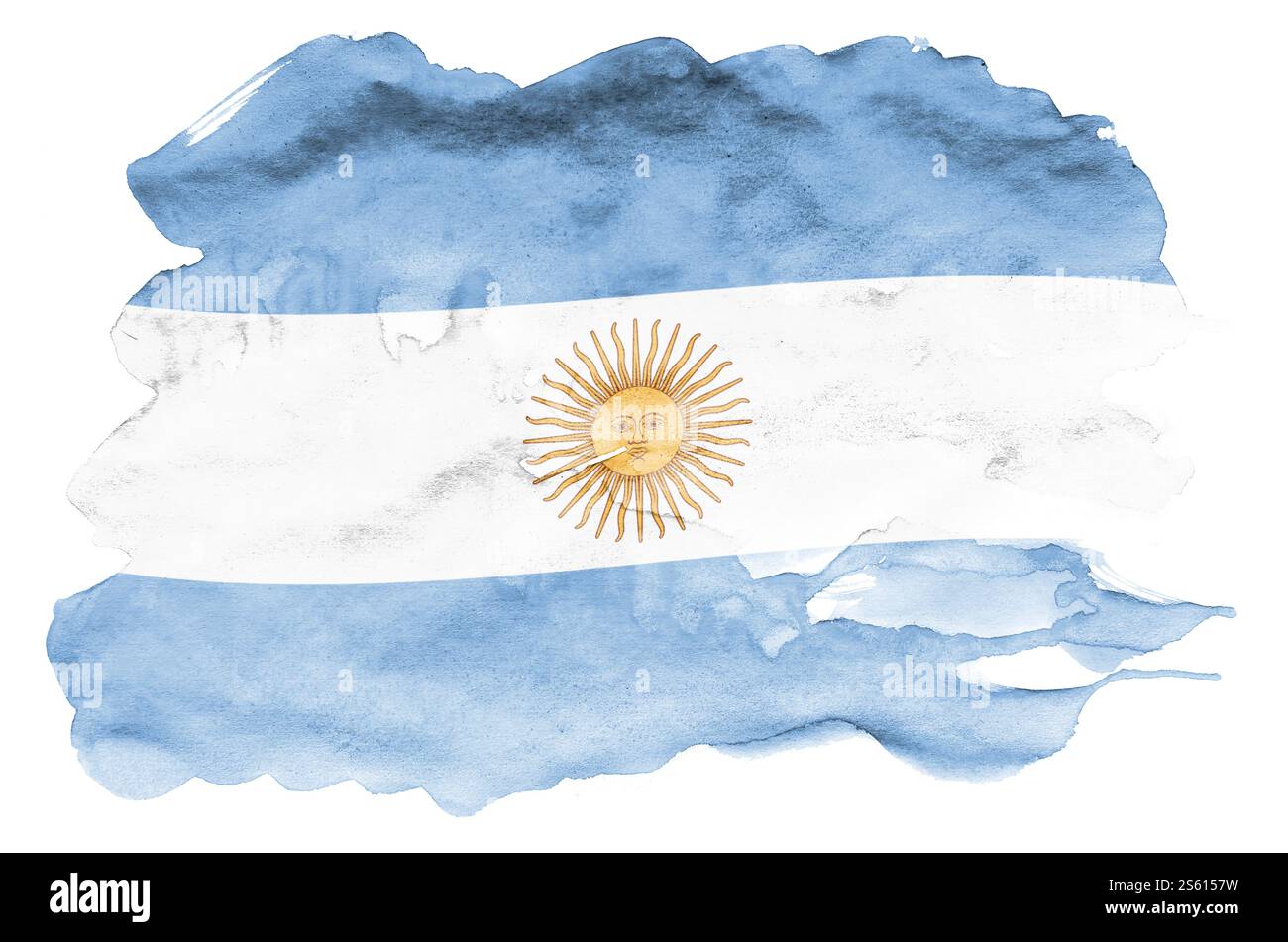 Die argentinische Flagge ist in flüssigem Aquarell auf weißem Hintergrund dargestellt. Unvorsichtige Farbschattierung mit Bild der Nationalflagge. Unabhängigkeit Stockfoto