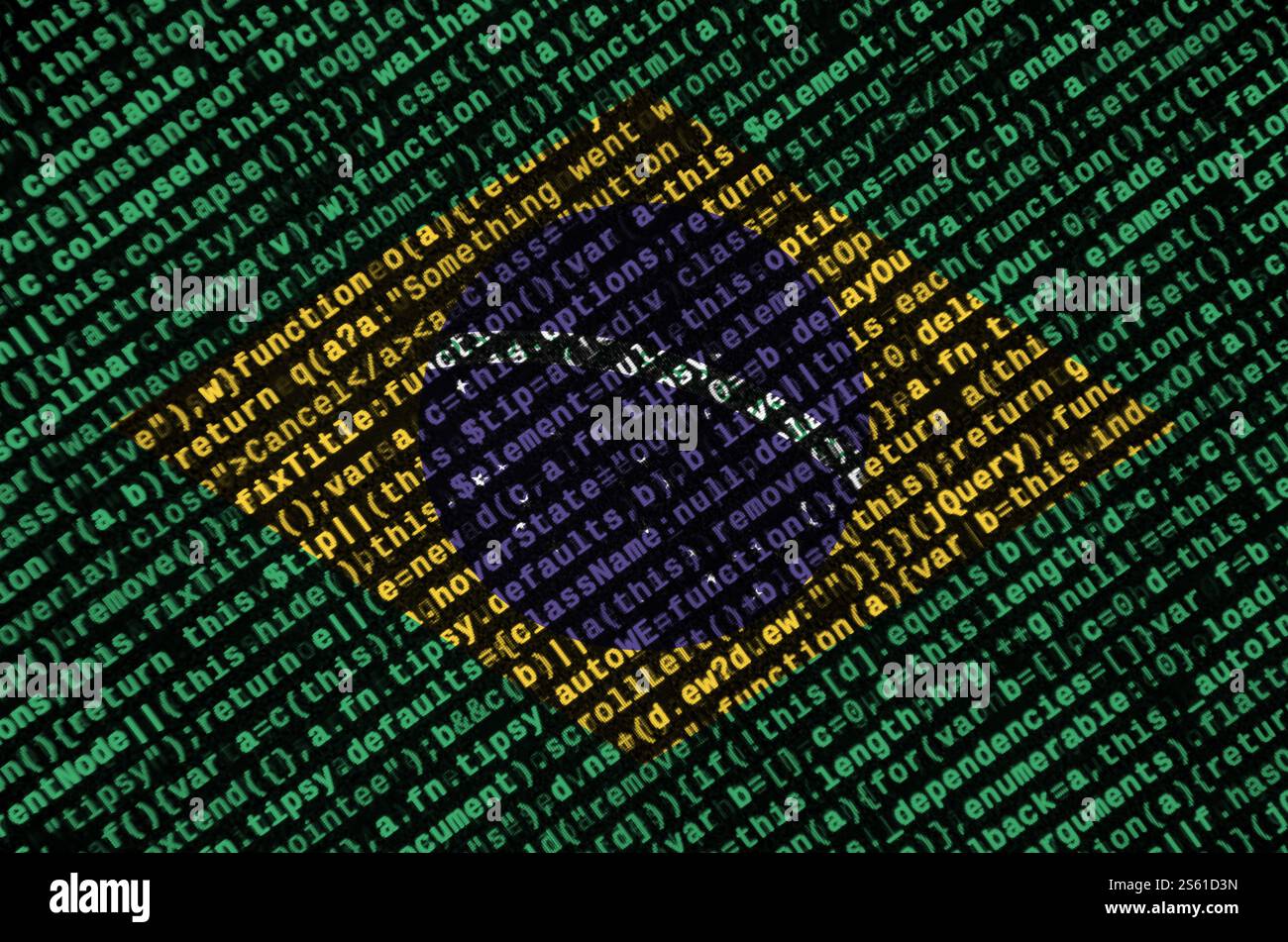 Die Flagge Brasilien wird auf dem Bildschirm mit dem Programmcode dargestellt. Das Konzept der modernen Technik und der Standortentwicklung. Die brasilianische Flagge ist auf dem abgebildet Stockfoto