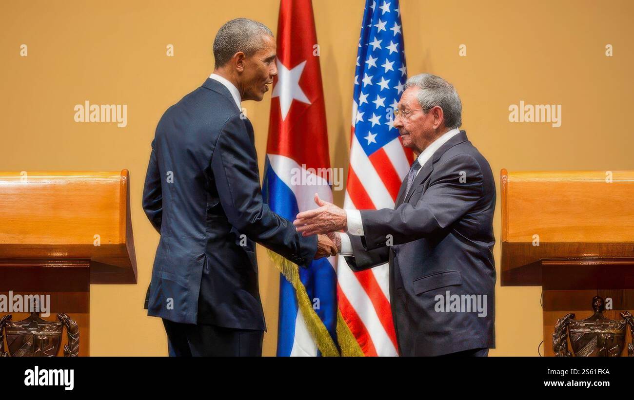 Präsident Obama und Präsident Kubas Raul Castro auf ihrer gemeinsamen Pressekonferenz in Havanna, Kuba, am 21. März 2016. (Offizielles Foto Des Weißen Hauses). BILD MIT EINSCHRÄNKUNGEN, siehe Feld „zusätzliche Informationen“ Stockfoto