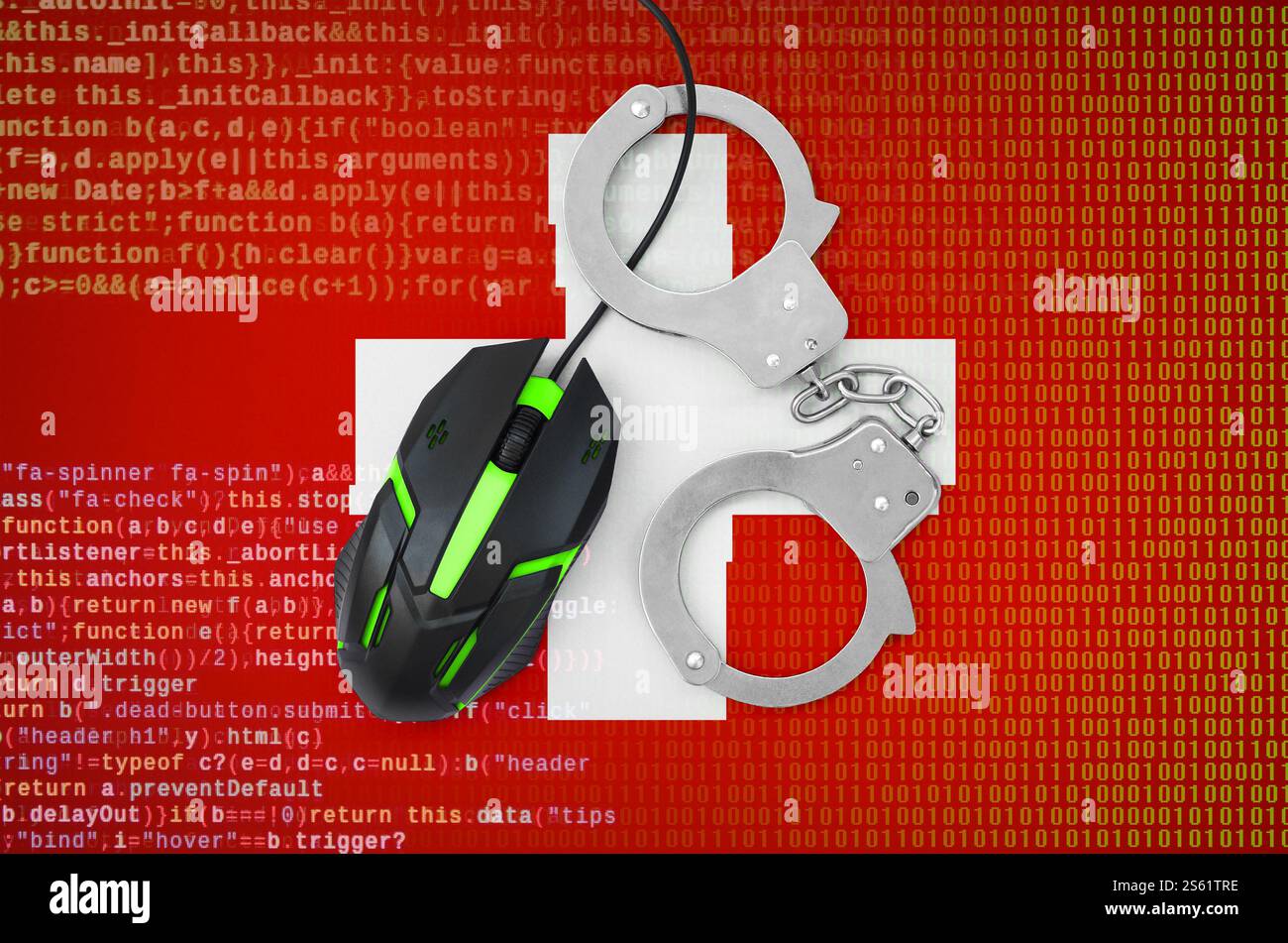 Schweizer Flagge und Handschellen moderne Computermaus mit Hintergrundbeleuchtung. Kreatives Konzept zur Bekämpfung von Computerkriminalität, Hackern und Piraterie. Schweiz Flagge und Stockfoto