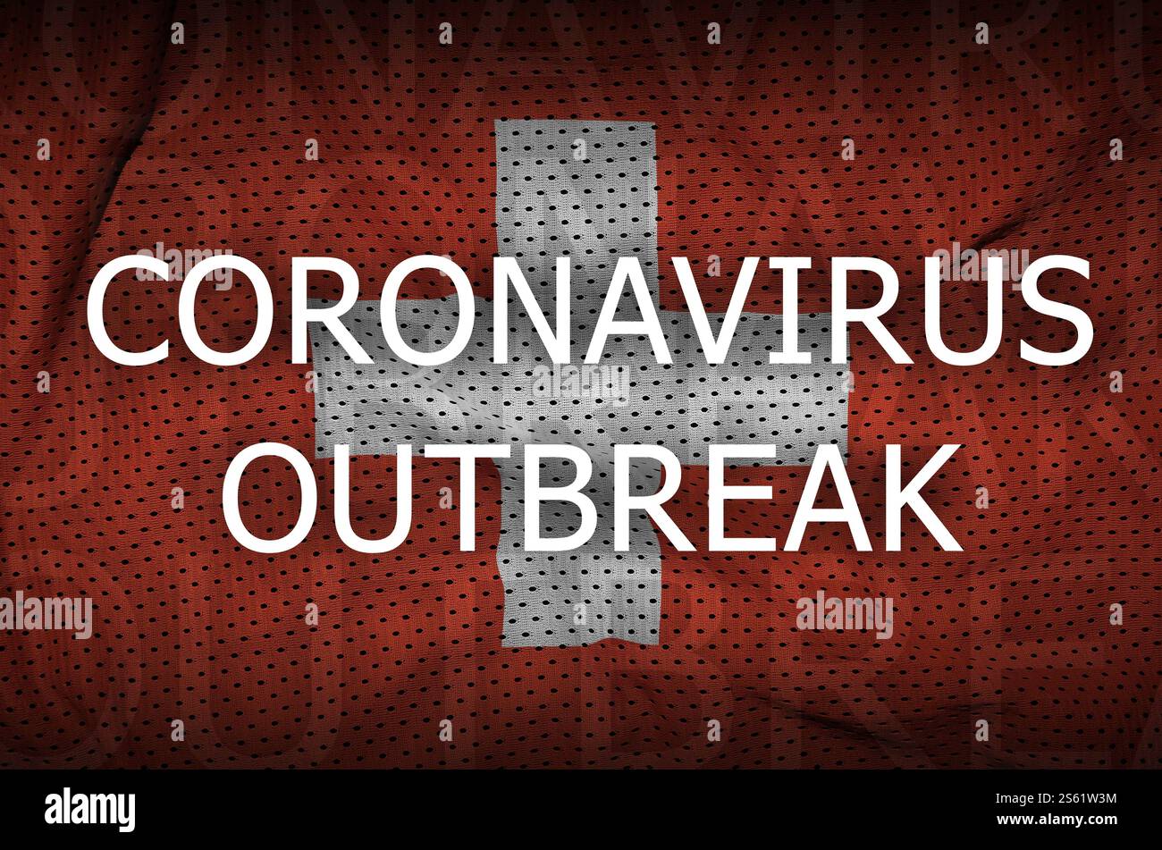 Inschrift der Schweizer Flagge und des Coronavirus-Ausbruchs. COVID-19- oder 2019-nCoV-Viruskonzept. Inschrift der Schweizer Flagge und des Coronavirus-Ausbruchs. Stockfoto