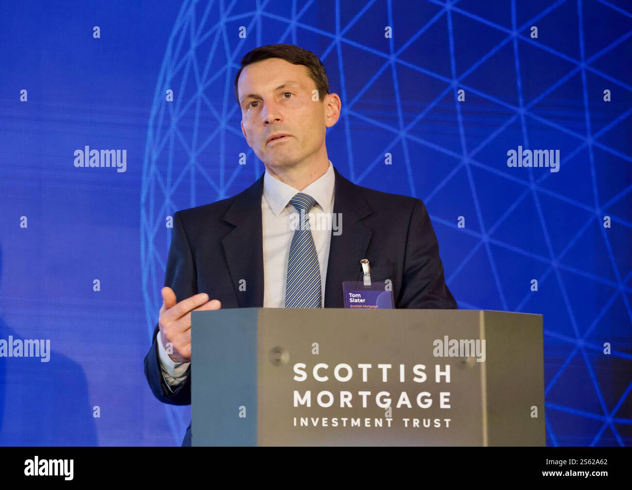 Edinburgh, Vereinigtes Königreich, 15. Januar 2025: Tom Slater, Manager des Scottish Mortgage Investment Trust, sprach auf seinem Forum im Caledonian Hotel, Edinburgh. Quelle: DB Media Services / Alamy Live Stockfoto