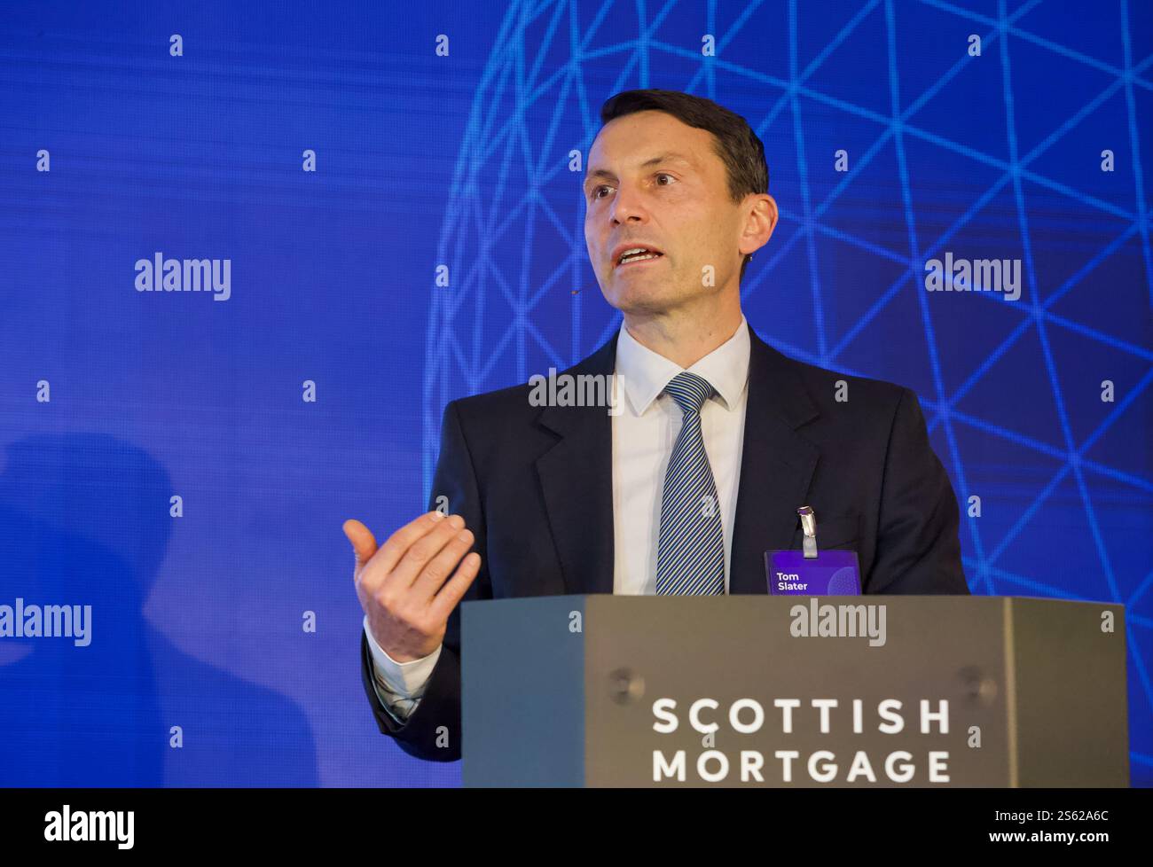 Edinburgh, Vereinigtes Königreich, 15. Januar 2025: Tom Slater, Manager des Scottish Mortgage Investment Trust, sprach auf seinem Forum im Caledonian Hotel, Edinburgh. Quelle: DB Media Services / Alamy Live Stockfoto