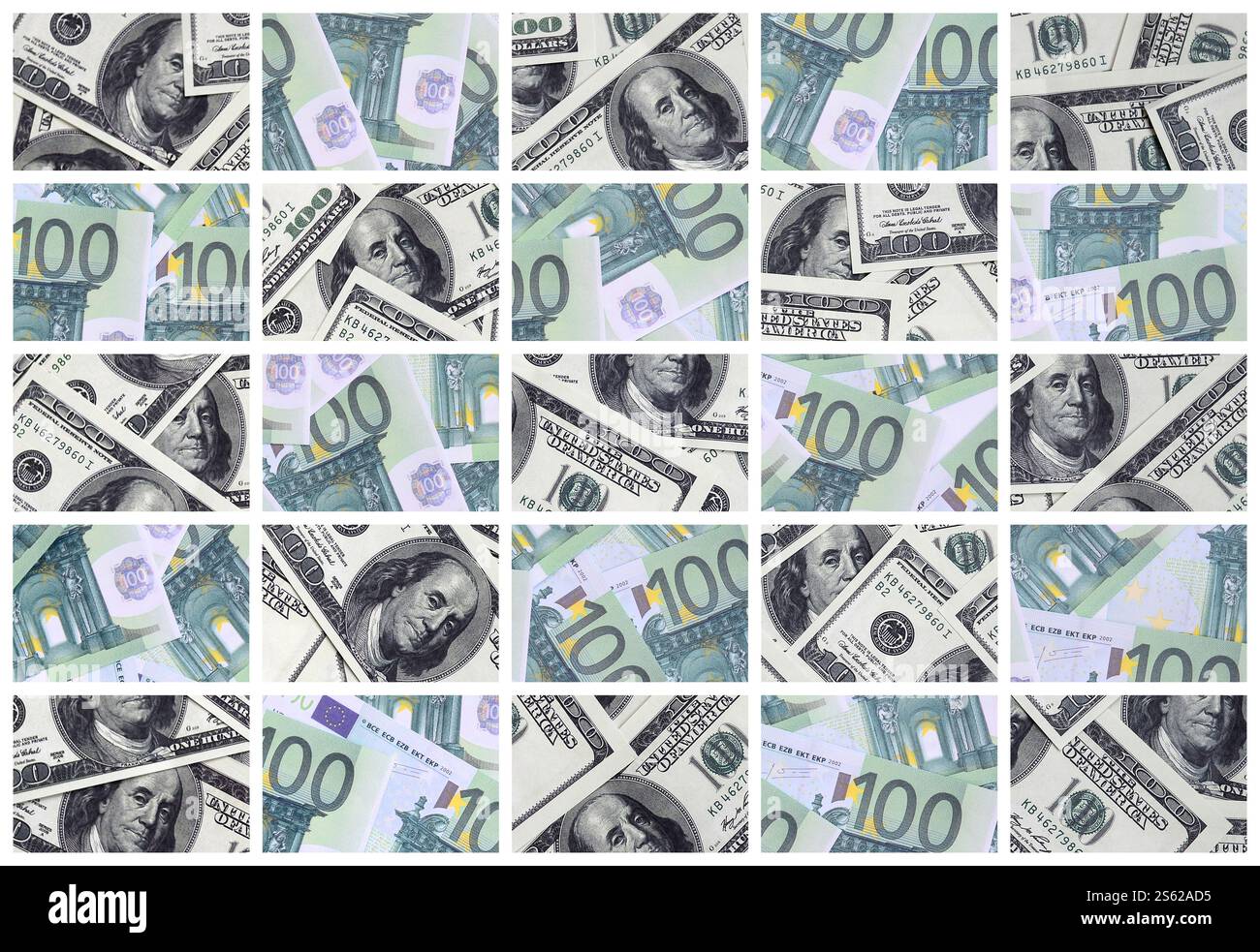 Eine Collage aus vielen Bildern von Euro-banknoten in Stückelungen von 100 und 500 Euro im Heap liegen Stockfoto