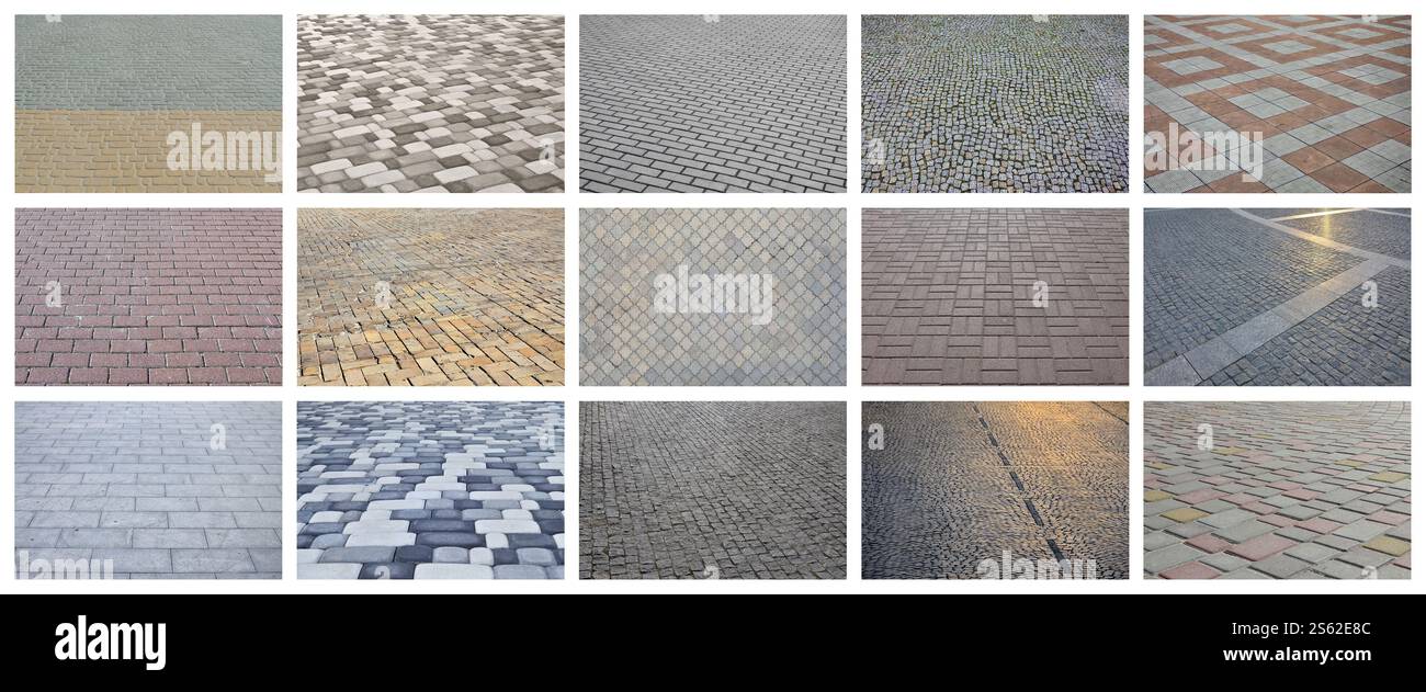 Eine Collage von vielen Bildern mit Fragmenten der Bodenplatten close-up. Einstellen von Bildern mit Pflaster Stein Stockfoto