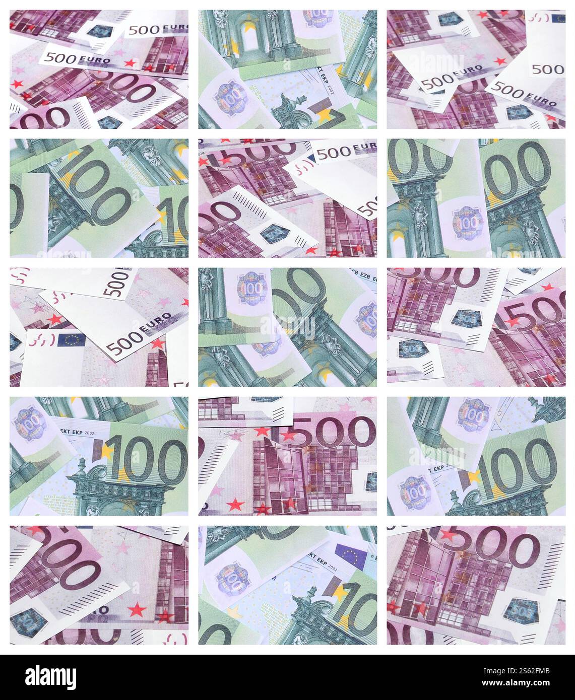 Eine Collage aus vielen Bildern von Hunderte von Dollar und Euro Rechnungen in einem Haufen Lügen Stockfoto