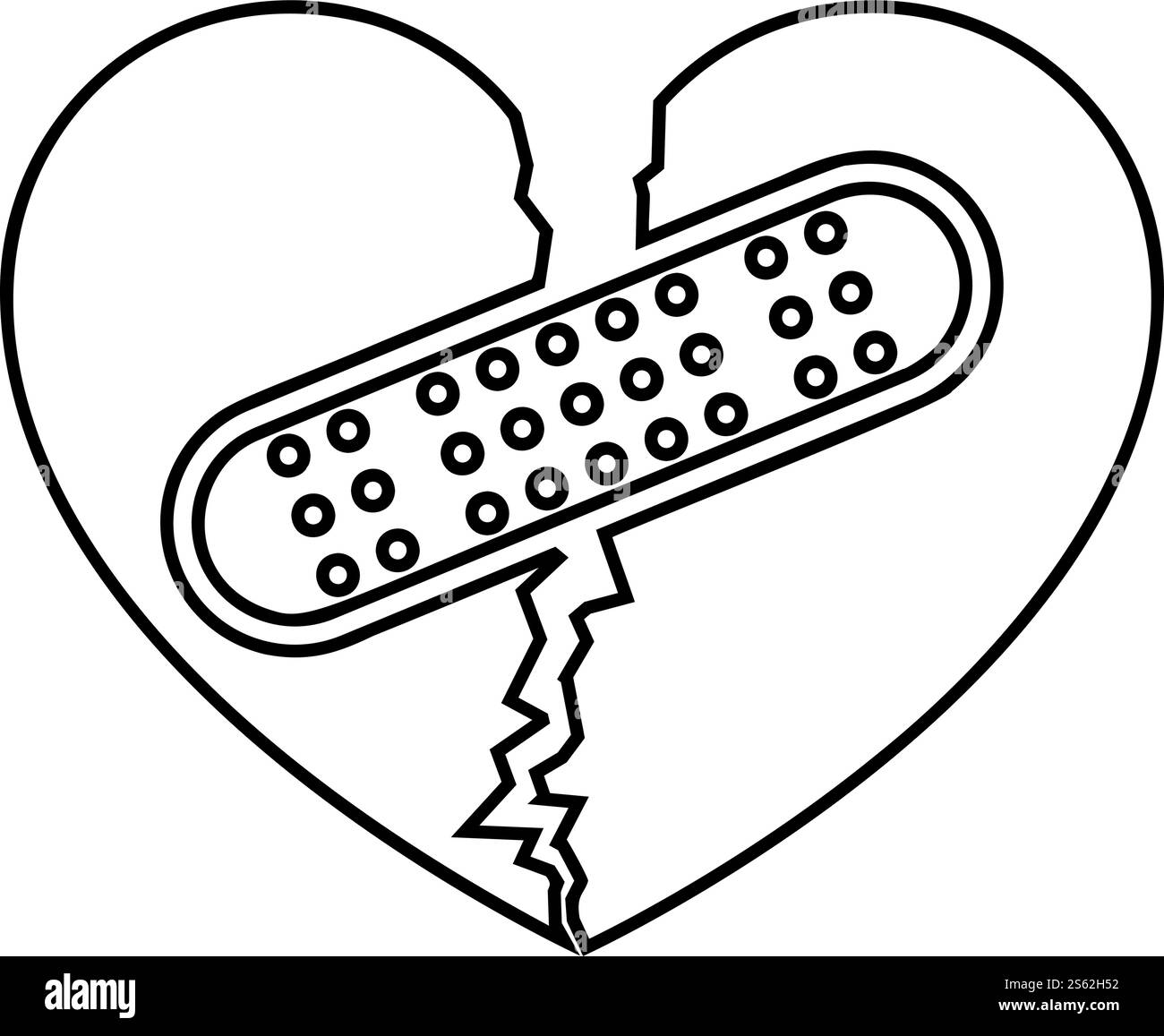 Herz mit Patch verbindet zwei Hälften Symbol Umriss schwarzer Farbvektor Illustration flaches Bild. Herz mit Patch verbindet zwei Hälften Symbol Umrandung schwarzer Vektor Illustration flaches Bild Stock Vektor
