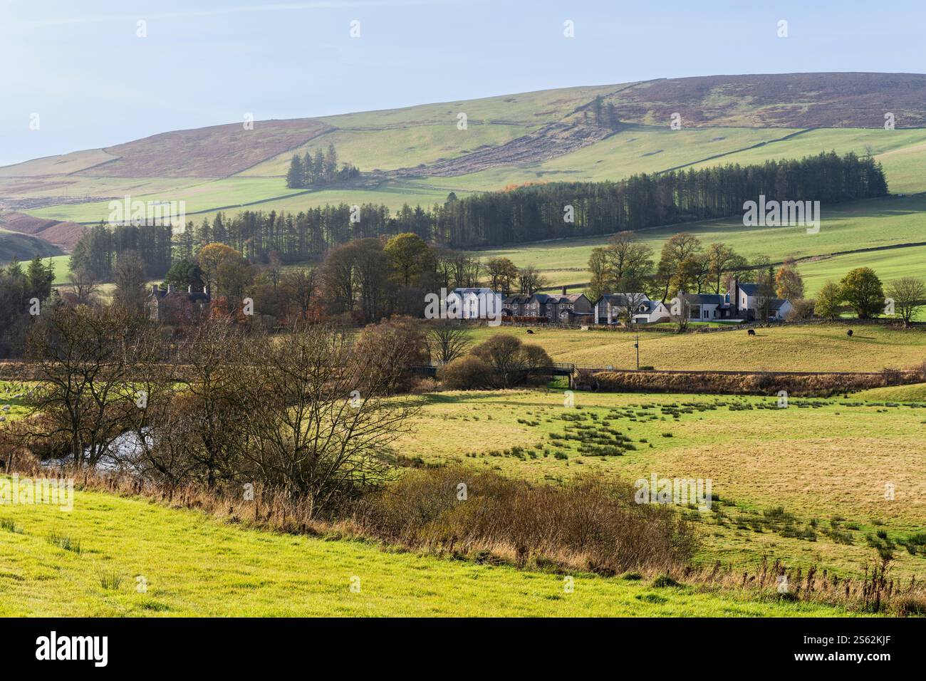 Von Torsonce aus gesehen, Lage an der A7 Hauptstraße Carlisle nach Edinburgh. Nördlich von Galashiels. Ferniehirst Farm Steading and Housing, Gala Water. Stockfoto