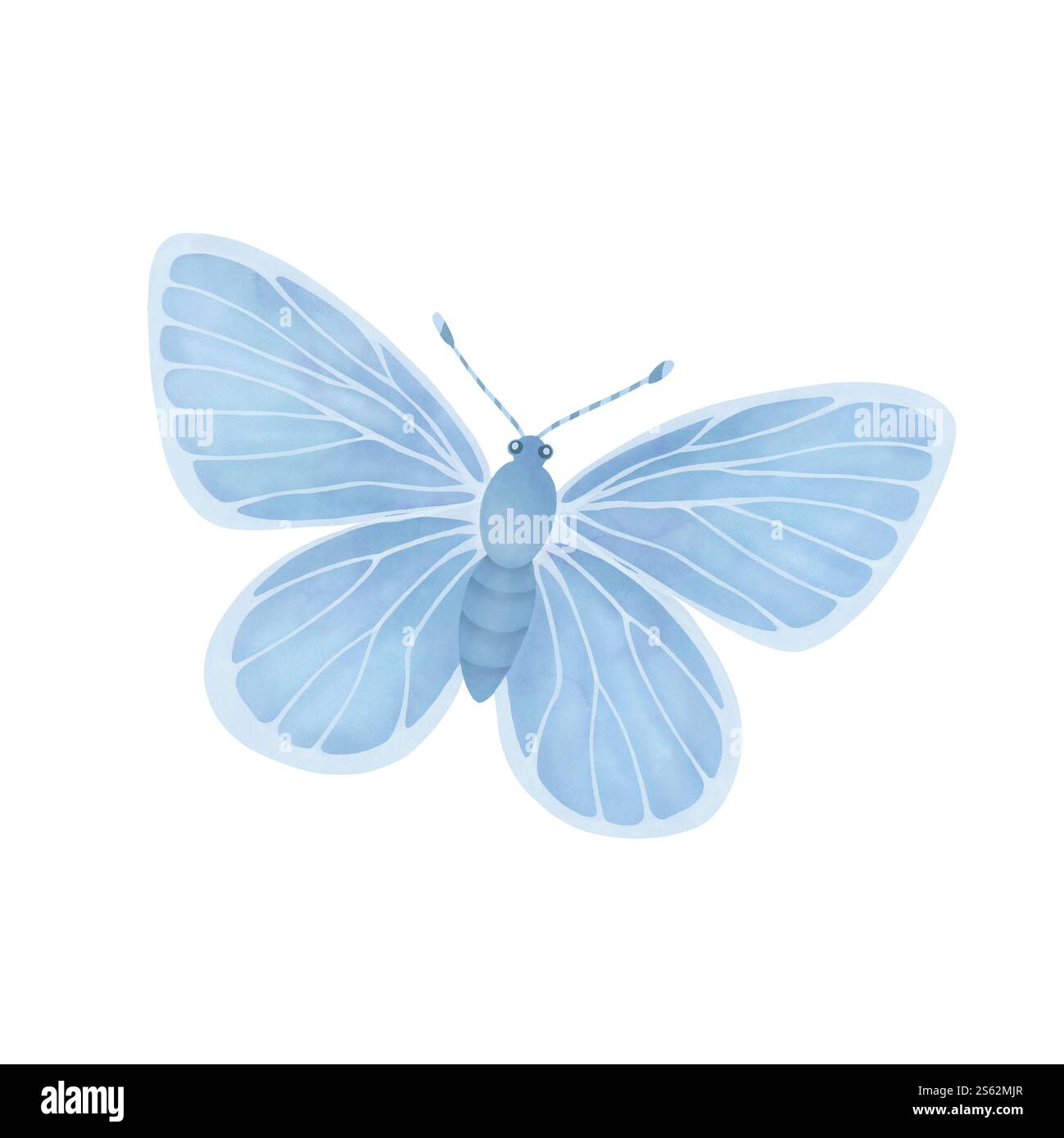 Blauer Schmetterling. Handgezeichnete Aquarellillustration auf weißem Hintergrund. Ästhetisches Clipart für Einladungen, Grüße und Postkartendesign. Stockfoto