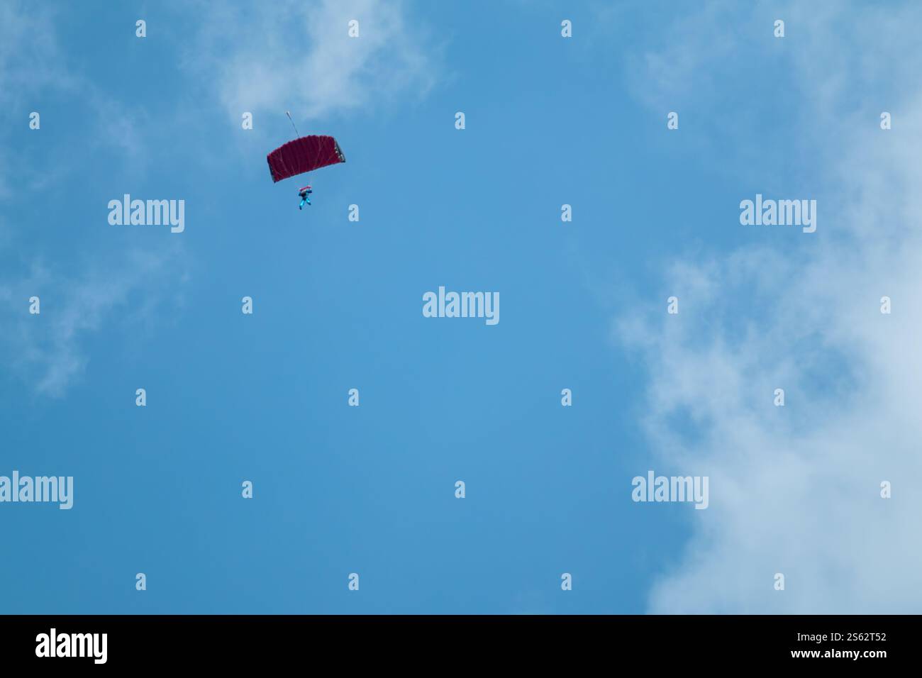 Fallschirmspringer mit offenem Fallschirm, der in hellblauem Himmel fliegt Stockfoto