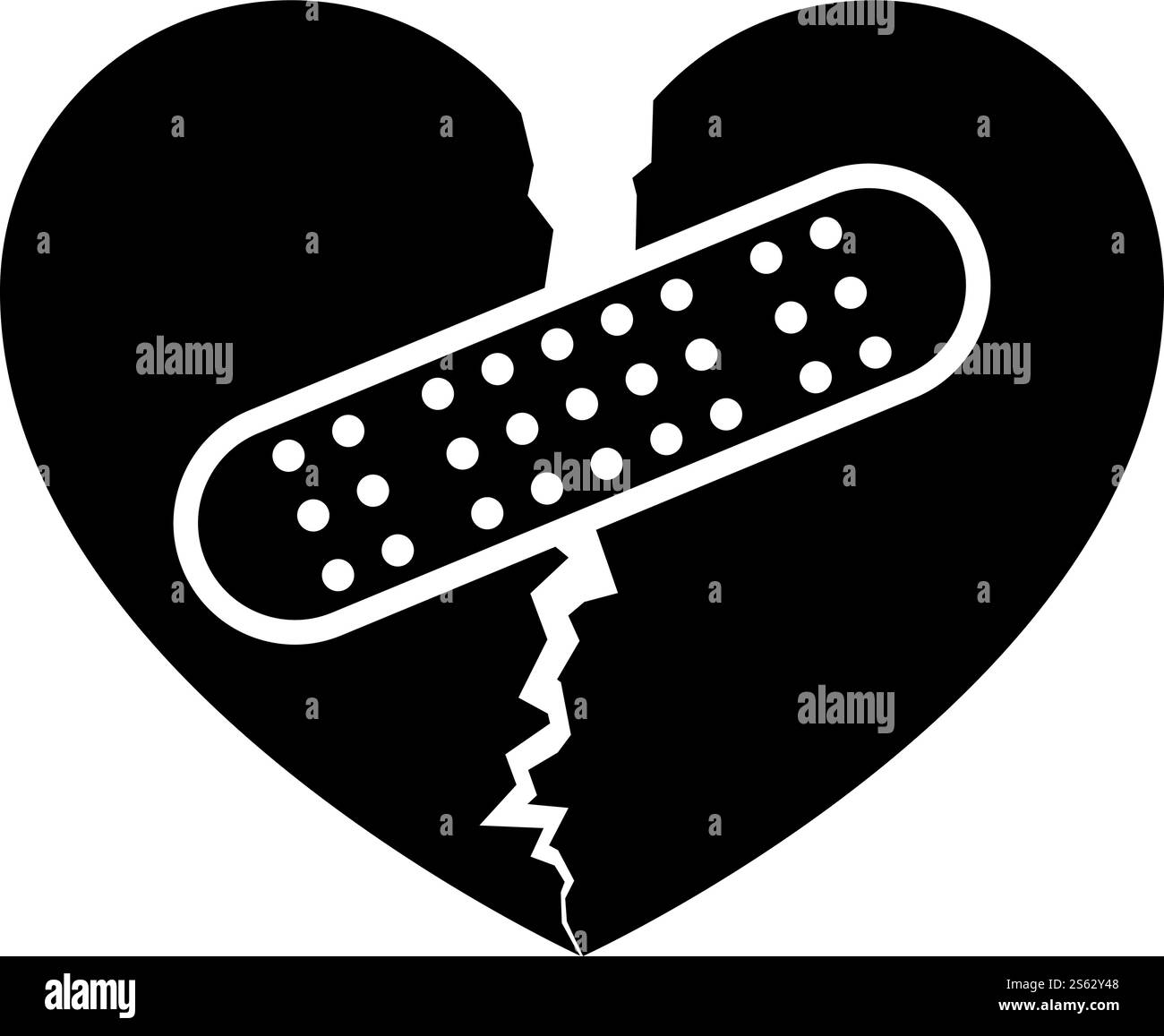 Herz mit Patch verbindet zwei Hälften Symbol Schwarzer Farbvektor Illustration flaches Bild. Herz mit Patch, das zwei Hälften verbindet Symbol Schwarzer Vektor Illustration flaches Bild Stock Vektor