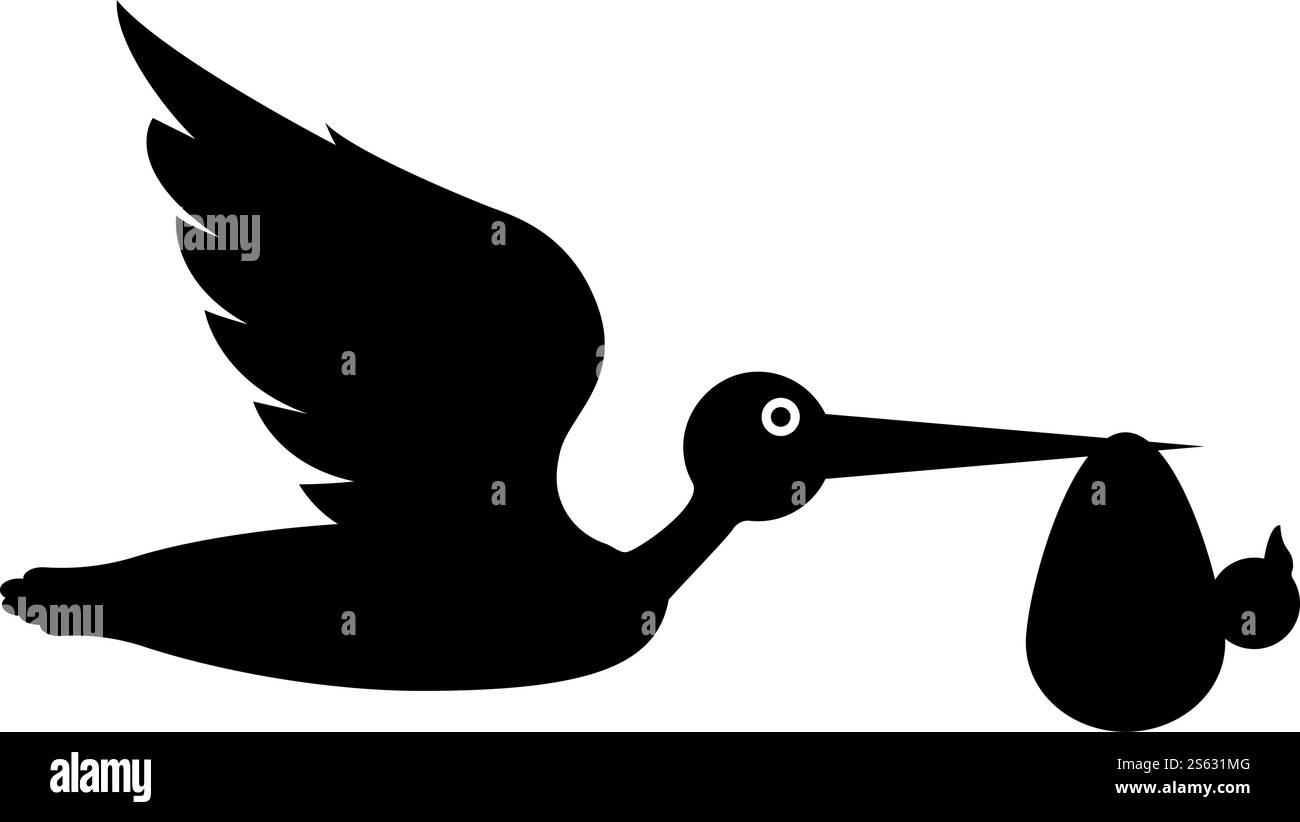 Storch trägt Baby in der Tasche Fliegender Vogel mit Art im Schnabelbündel Symbol schwarze Farbe Vektor Illustration flache Art einfaches Bild. Storch trägt Baby in der Tasche Fliegender Vogel mit Art im Schnabelbündel Symbol schwarze Farbe Vektor Illustration flache Stil Bild Stock Vektor
