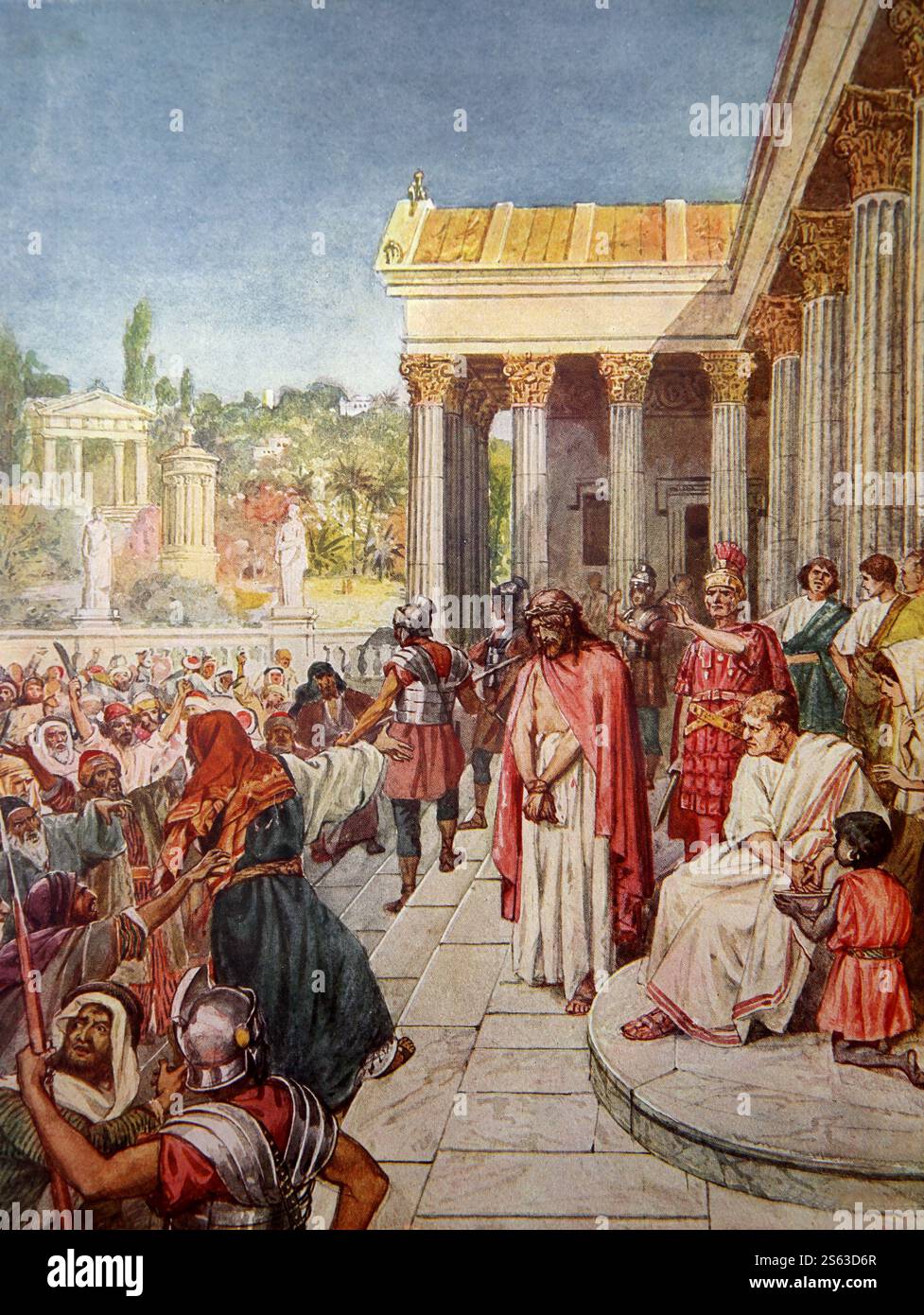 Farbtafel von Pontius Pilatus, der Christus dem Volk darstellte - Pilatus wusch seine Hände vor der Menge und sagte: "Ich bin unschuldig am Blut Stockfoto