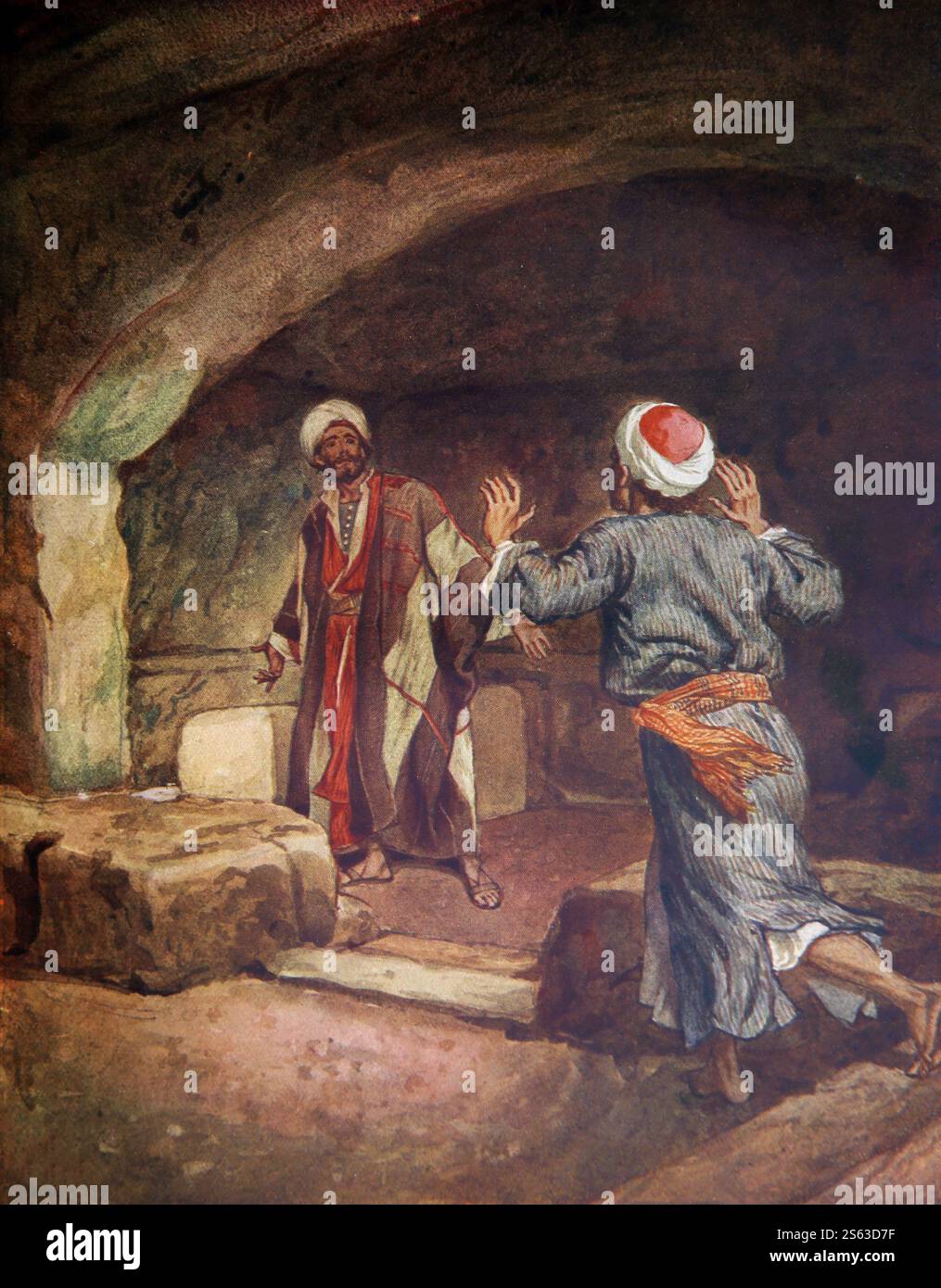 Farbtafel von Simon Petrus, der einem anderen Jünger in das leere Grab folgt, nachdem Jesus Christus aus dem Jahr 1906/10 das Leben Jesu von Nazare auferstanden hatte Stockfoto