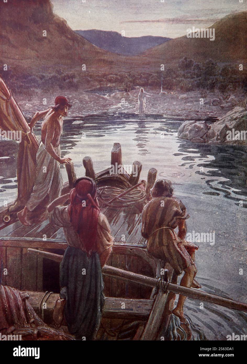 Farbtafel von Jesus Christus, der am Ufer des Tiberiassees nach seiner Auferstehung zu Simon Peter, Thomas, Nathanael und anderen Jüngern erscheint Stockfoto
