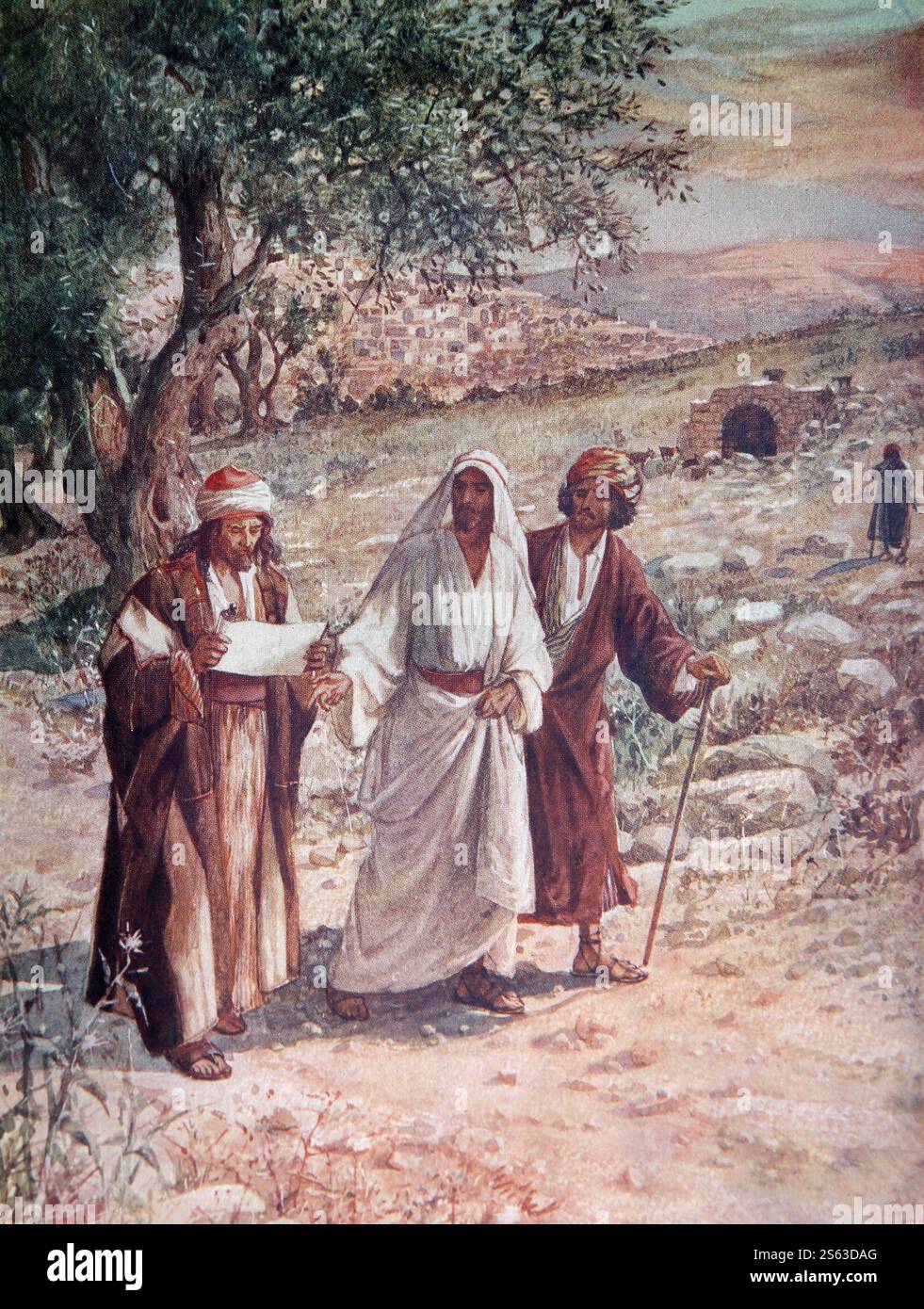 Farbtafel von Jesus Christus, der zwei Jüngern auf dem Weg nach Emmaus aus dem Jahr 1906/10 erscheint, das Leben Jesu von Nazareth in Farben dargestellt Stockfoto