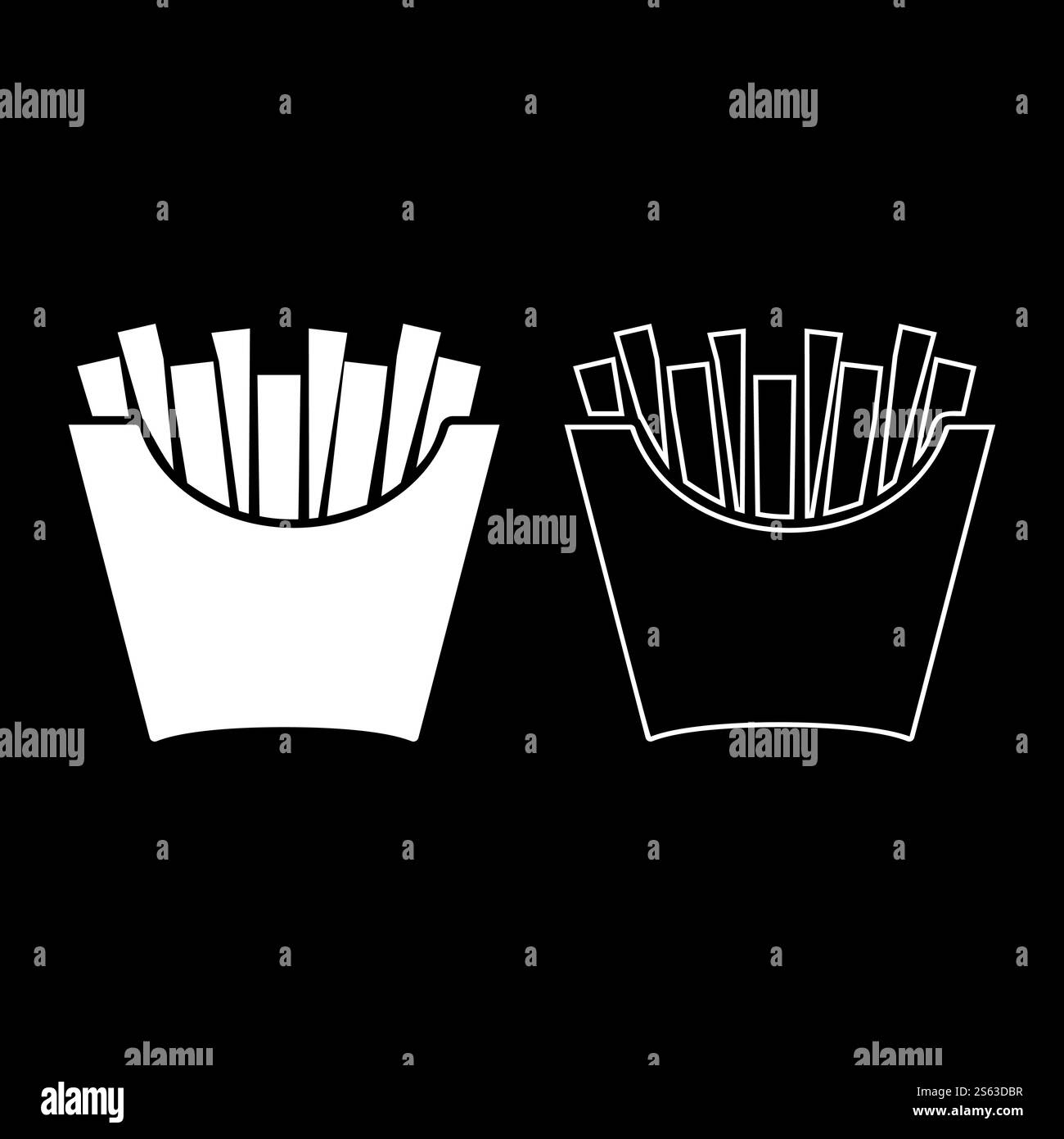 Französische Pommes Frites im Paket gebratene Kartoffeln in Papiertüte Fast Food in Eimer Box Snack Konzept Icon Umriss Set weiße Farbe Vektor Illustration flache Art einfaches Bild. Französische Pommes Frites im Paket gebratene Kartoffeln in Papiertüte Fast Food in Eimer Box Snack Konzept Icon Umriss Set weiße Farbe Vektor Illustration flache Stil Bild Stock Vektor