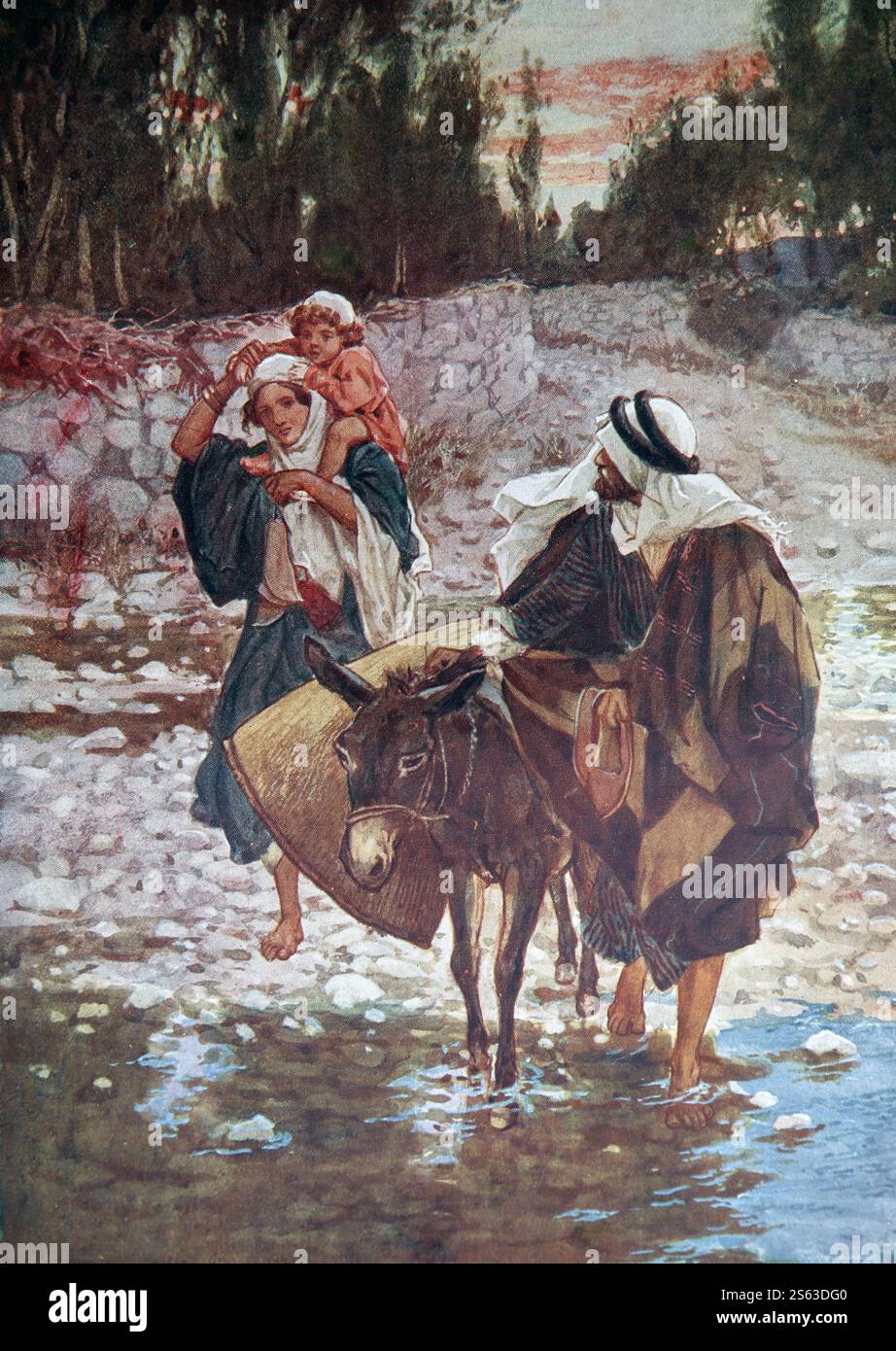 Farbtafel des Fluges nach Ägypten (Matthäus) - Jungfrau Maria hält das Jesuskind auf einem Esel, geführt von Joseph, der 1906-10 vom Lif nach Ägypten flüchtete Stockfoto