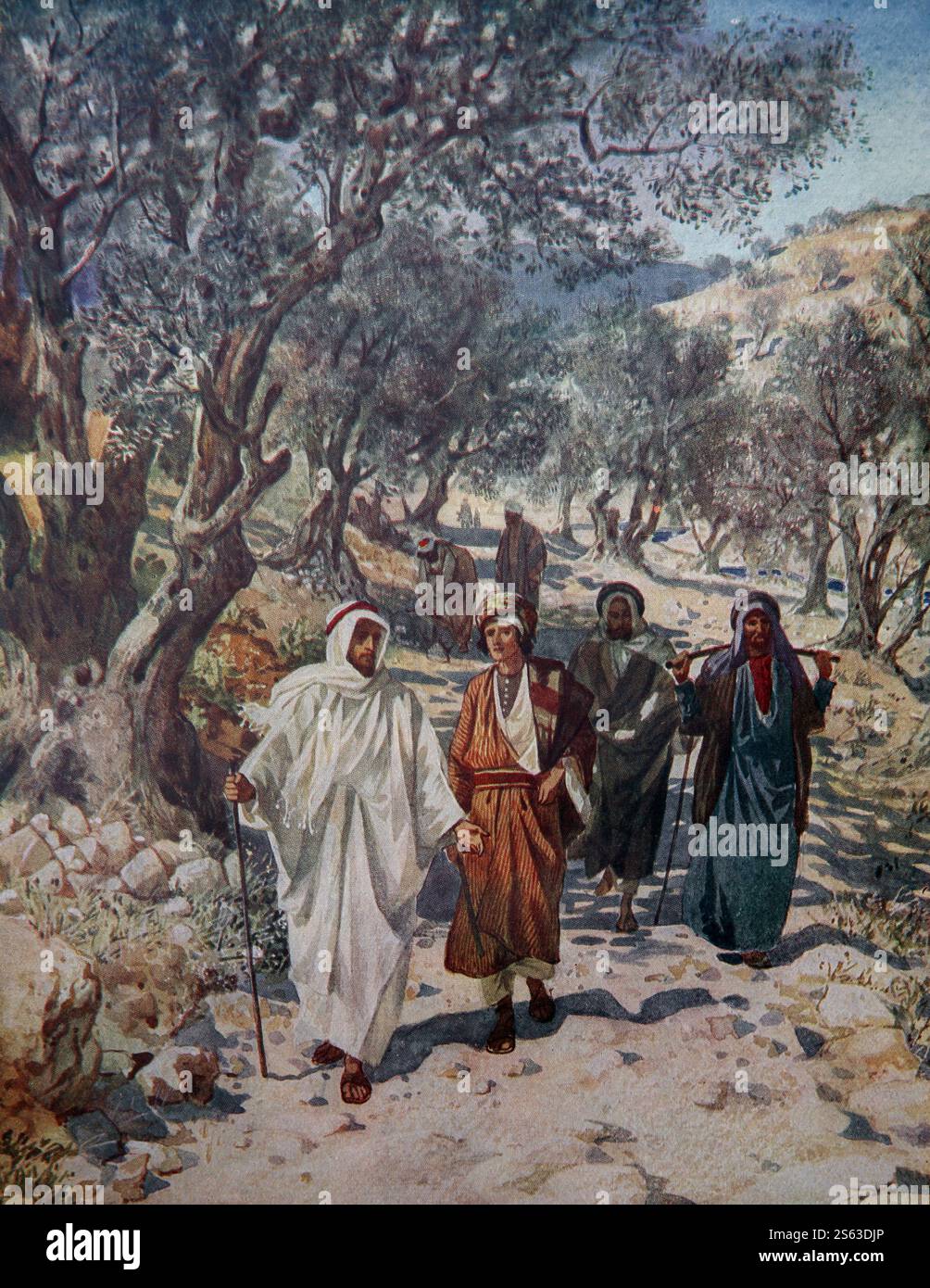 Farbtafel von Johannes dem Täufer, Andreas, Simon Peter, Philipp und Nathaniel nach Jesus Christus (Johannes) aus dem Jahr 1906-10 das Leben Jesu von Nazaret Stockfoto
