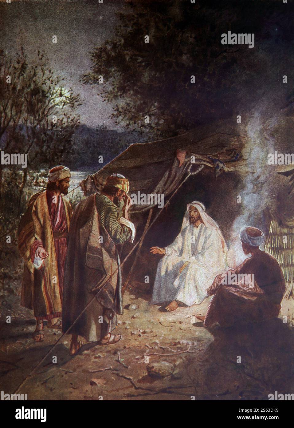 Farbtafel von Johannes dem Täufer, Andreas und Simon Petrus folgten Jesus Christus zurück zu seinem Wohnsitz (Johannes) aus dem Jahr 1906-10 das Leben Jesu von Nazareth Stockfoto