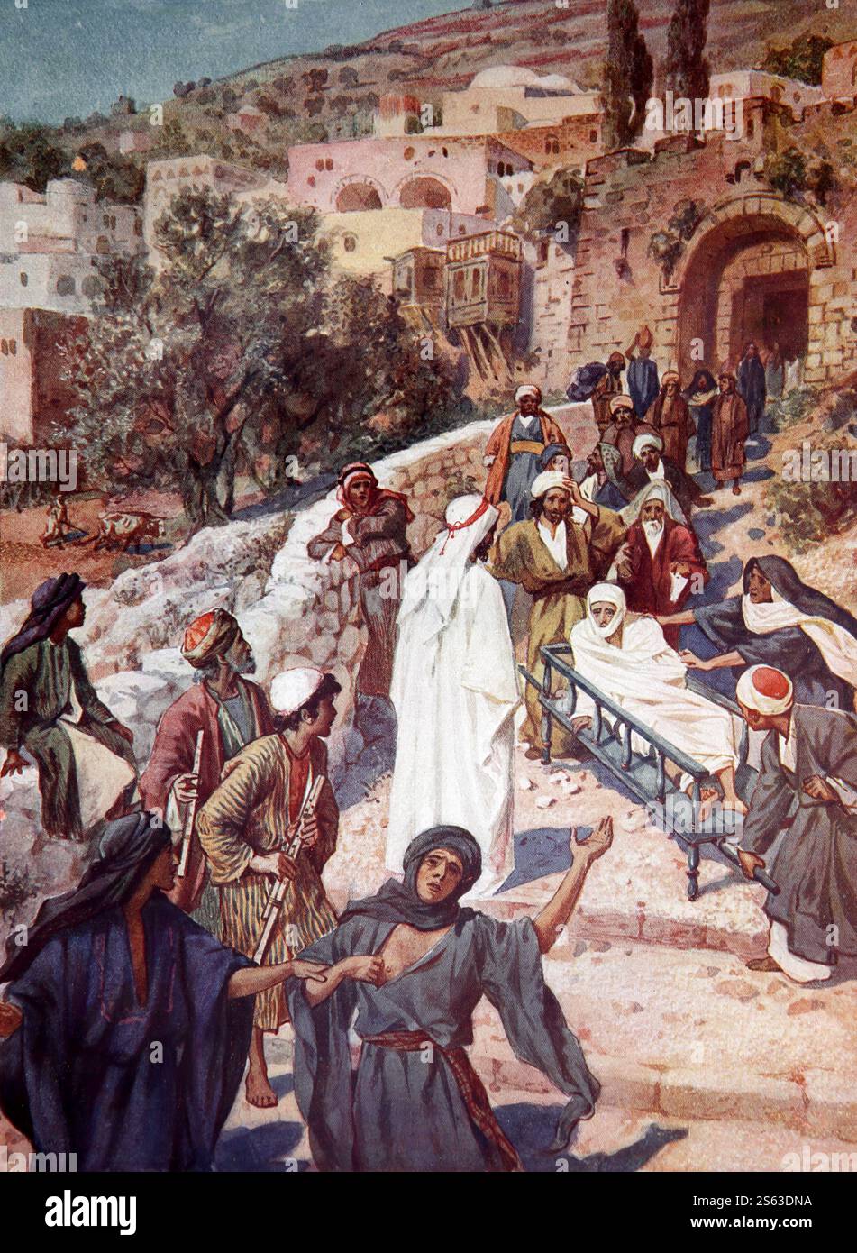 Farbtafel von Jesus Christus, der Sohn der Witwe A Nain (Lukas) aus dem Jahr 1906-10, das Leben Jesu von Nazareth, in Farben dargestellt Stockfoto