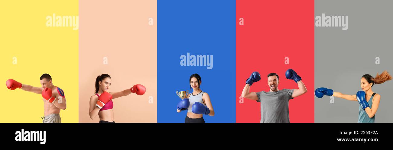Set aus vielen Boxern auf farbigem Hintergrund Stockfoto