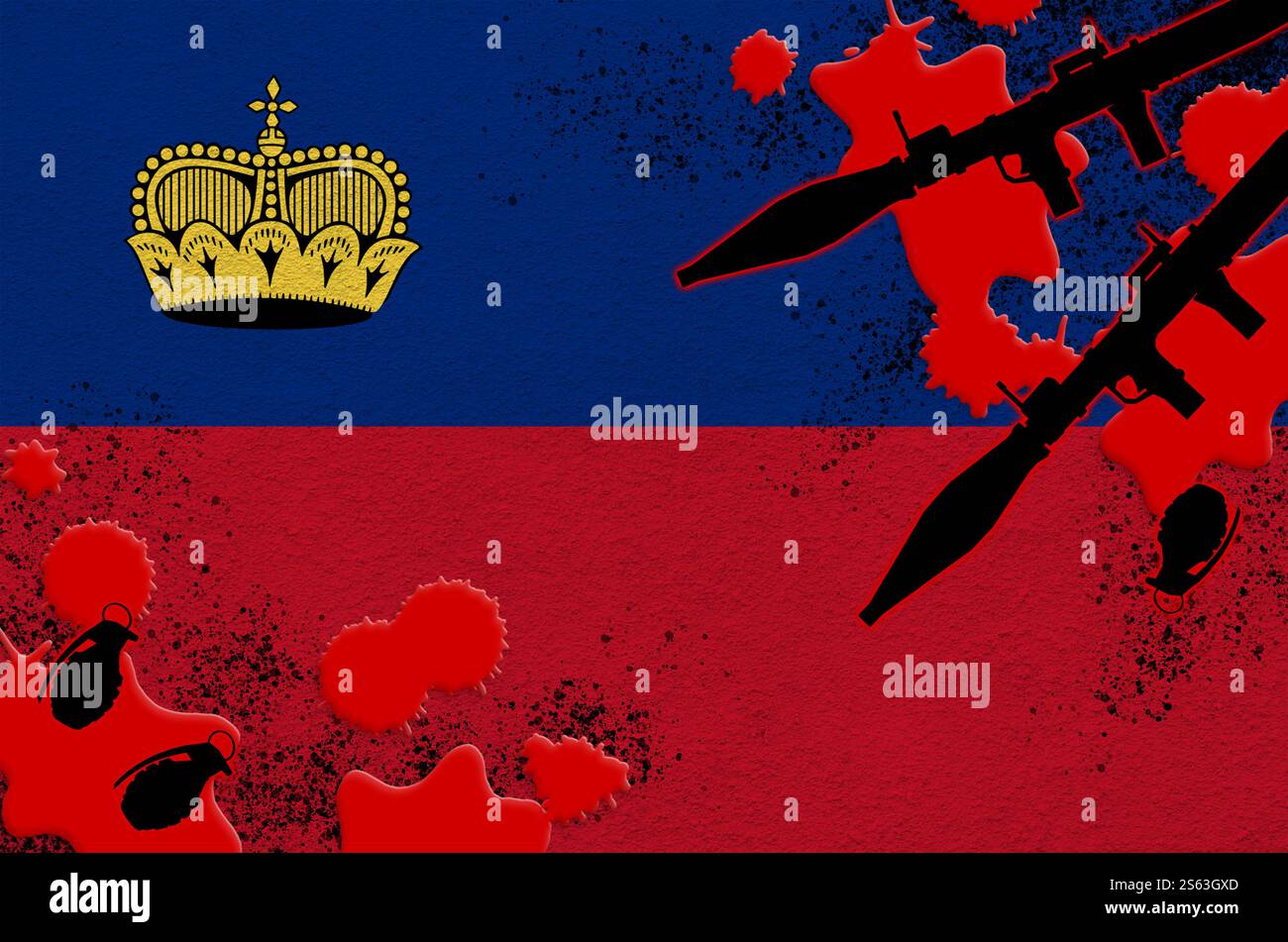 Liechtensteinische Flaggen- und Raketenwerfer mit Granaten in Blut. Konzept für Terroranschläge und militärische Operationen. Waffenhandel. Liechtenstein Stockfoto