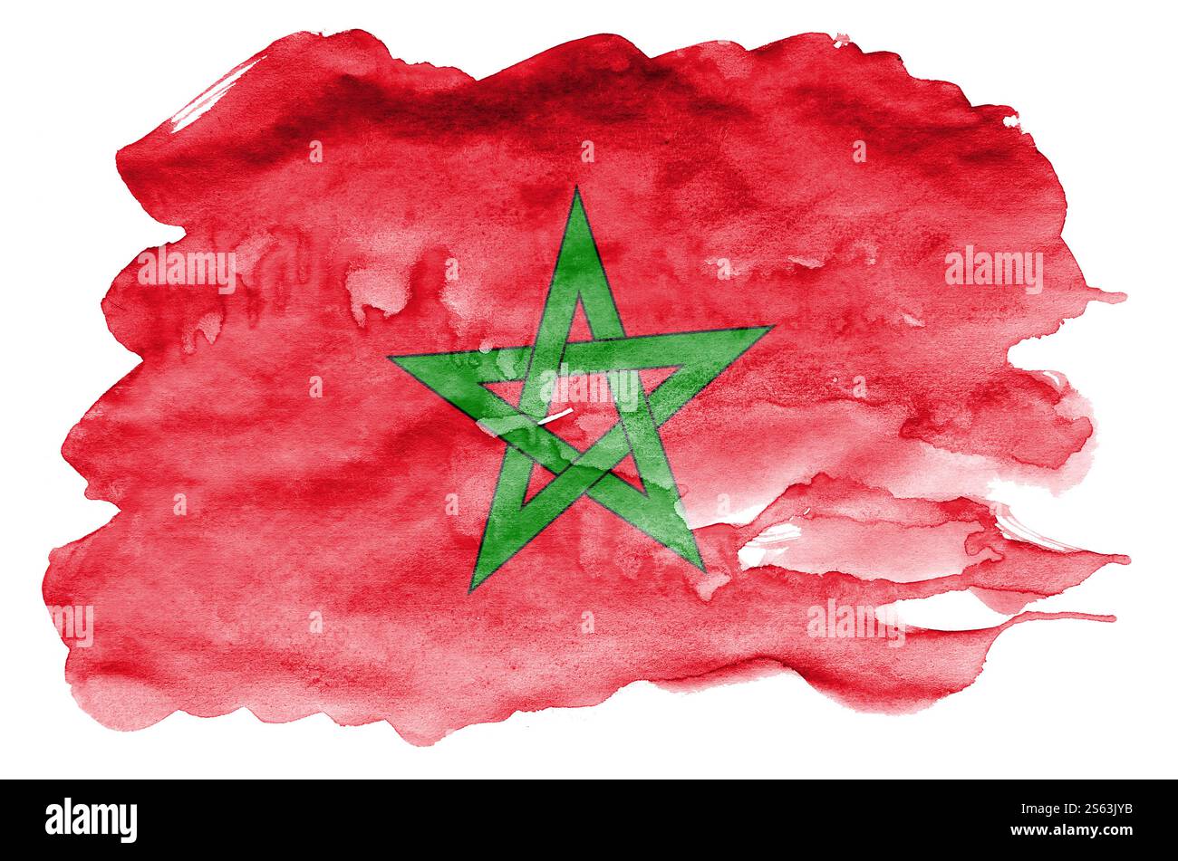 Die marokkanische Flagge ist in flüssigem Aquarell auf weißem Hintergrund dargestellt. Unvorsichtige Farbschattierung mit Bild der Nationalflagge. Unabhängigkeit Stockfoto