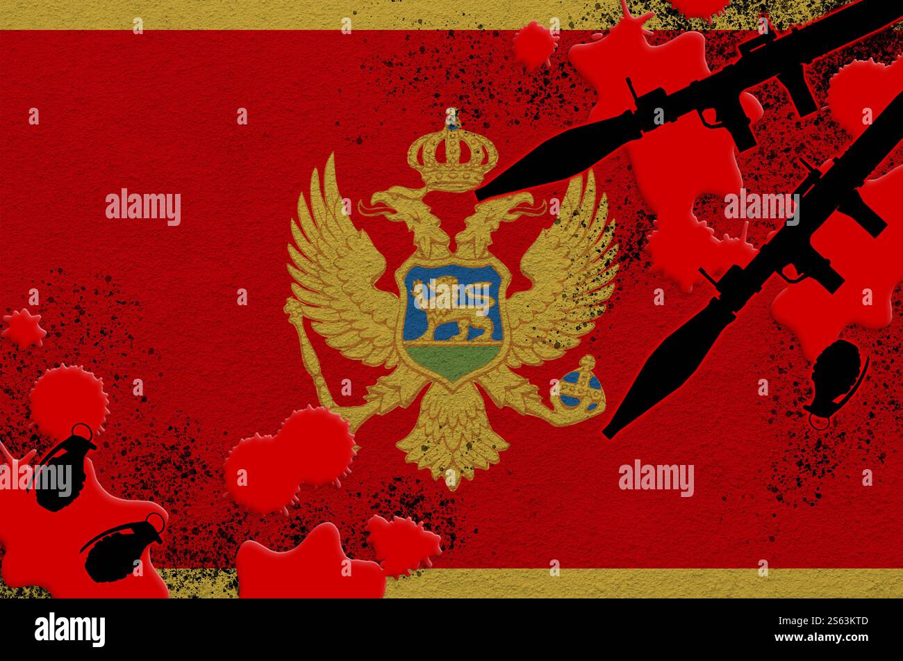 Montenegrinische Flagge und Raketenwerfer mit Granaten in Blut. Konzept für Terroranschläge und militärische Operationen. Waffenhandel. Montenegro Flagge und Stockfoto