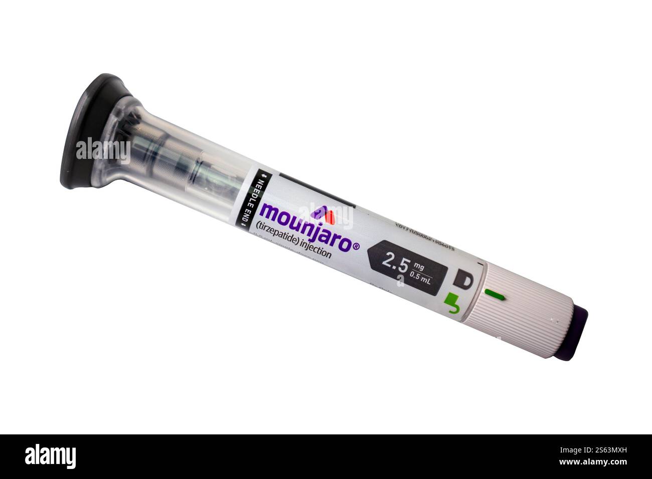 Mounjaro Auto Injector Pen auf weißem Hintergrund Stockfoto