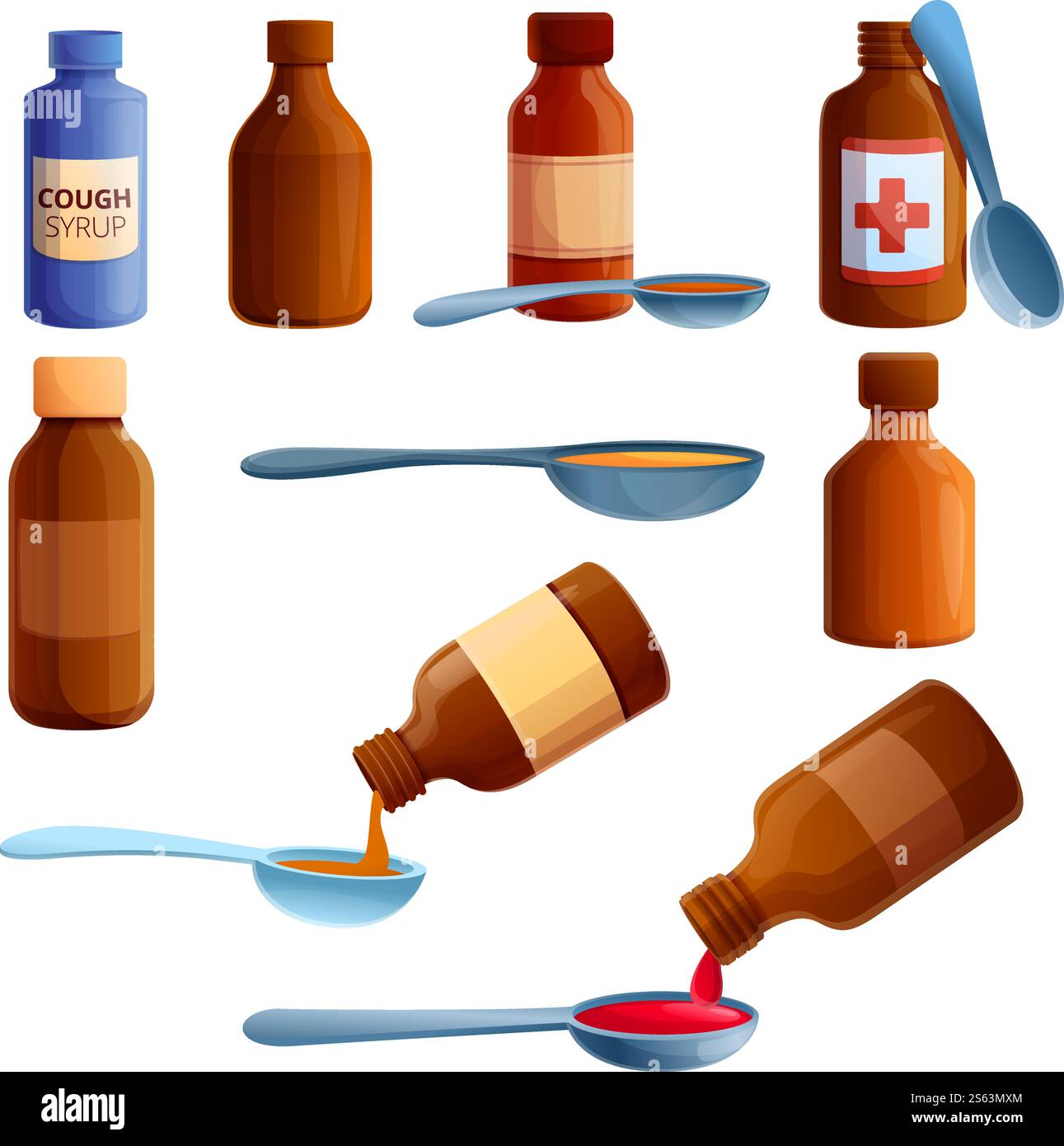 Symbole für Hustensirup eingestellt. Zeichentricksatz von Hustensirup Vektor-Icons für Web-Design. Hustensirup-Symbole Set, Cartoon-Stil Stock Vektor