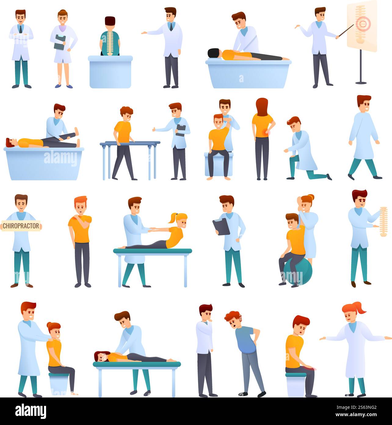 Chiropraktor-Symbole eingestellt. Zeichentricksatz von Chiropraktor-Vektor-Icons für Webdesign. Chiropraktiker-Symbole Set, Zeichentrickstil Stock Vektor