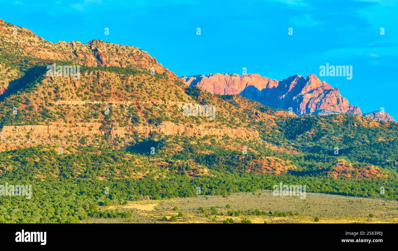 Die Stachelbeere Mesa Klippen und die grünen Hänge im Golden Light Stockfoto