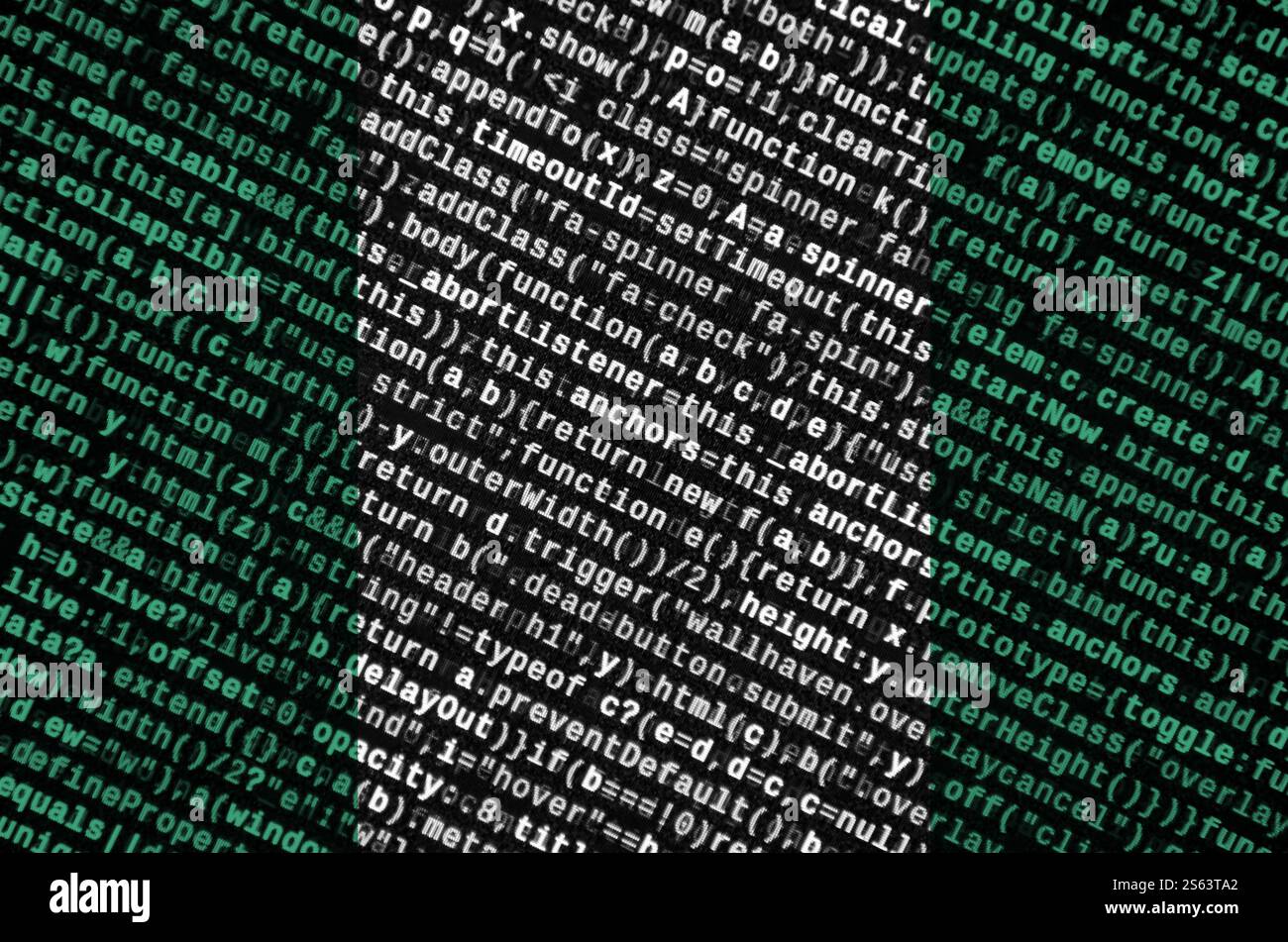 Die Flagge Nigeria wird auf dem Bildschirm mit dem Programmcode dargestellt. Das Konzept der modernen Technik und der Standortentwicklung. Die Flagge Nigerias ist auf dem abgebildet Stockfoto
