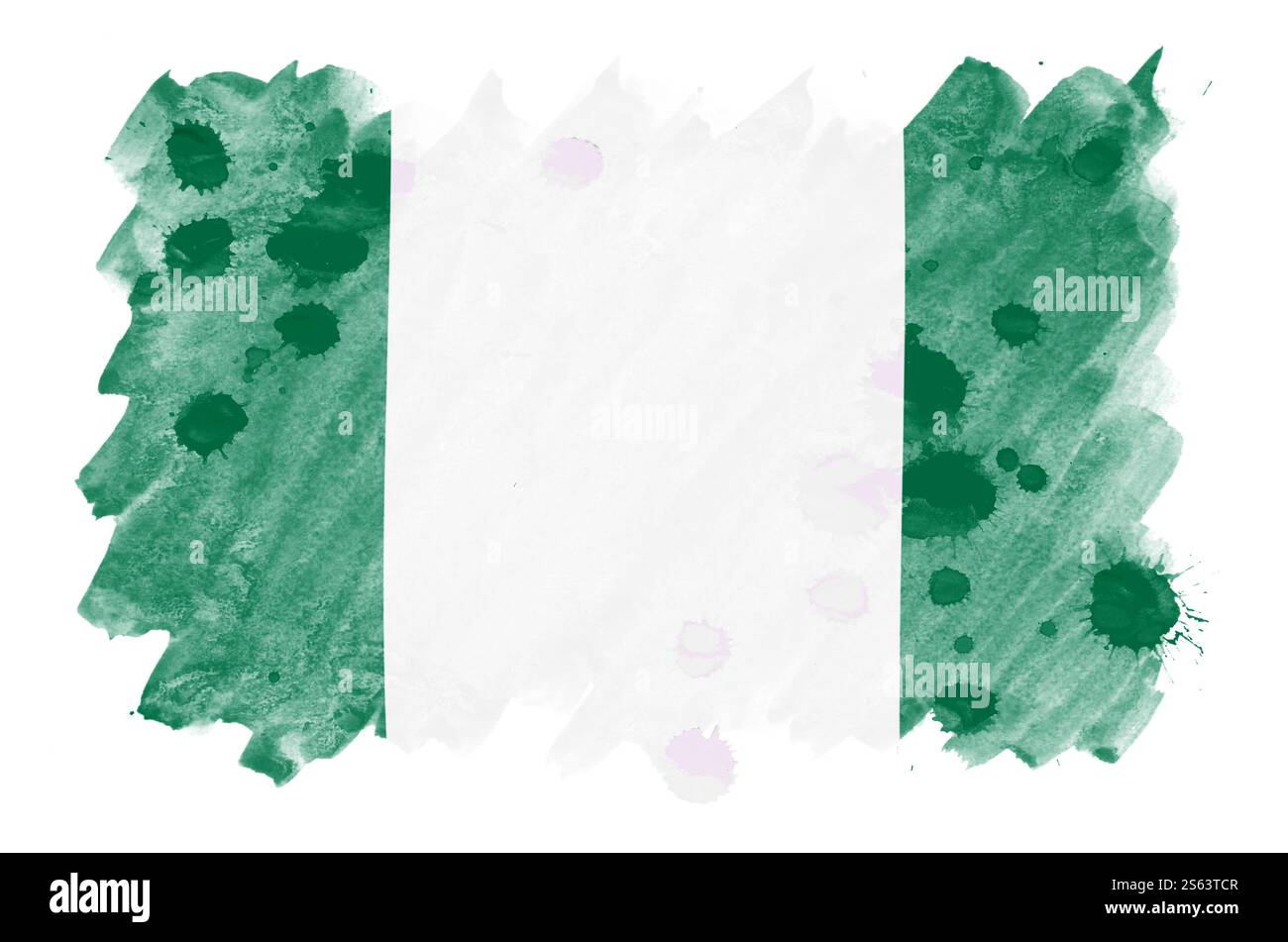 Die Flagge Nigerias ist in flüssigem Aquarell auf weißem Hintergrund dargestellt. Unvorsichtige Farbschattierung mit Bild der Nationalflagge. Unabhängigkeit Stockfoto
