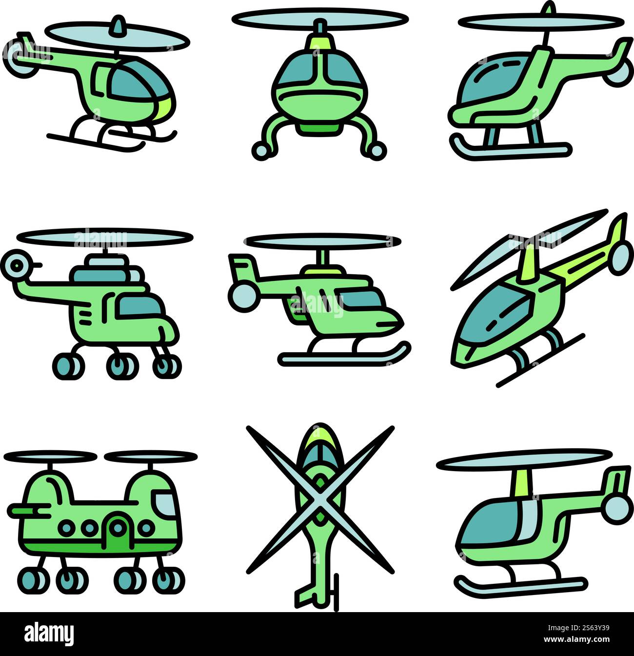 Hubschraubersymbole eingestellt. Kontursatz von Hubschraubervektorsymbolen für Webdesign isoliert auf weißem Hintergrund. Helikopter-Symbol-Set, Outline-Stil Stock Vektor