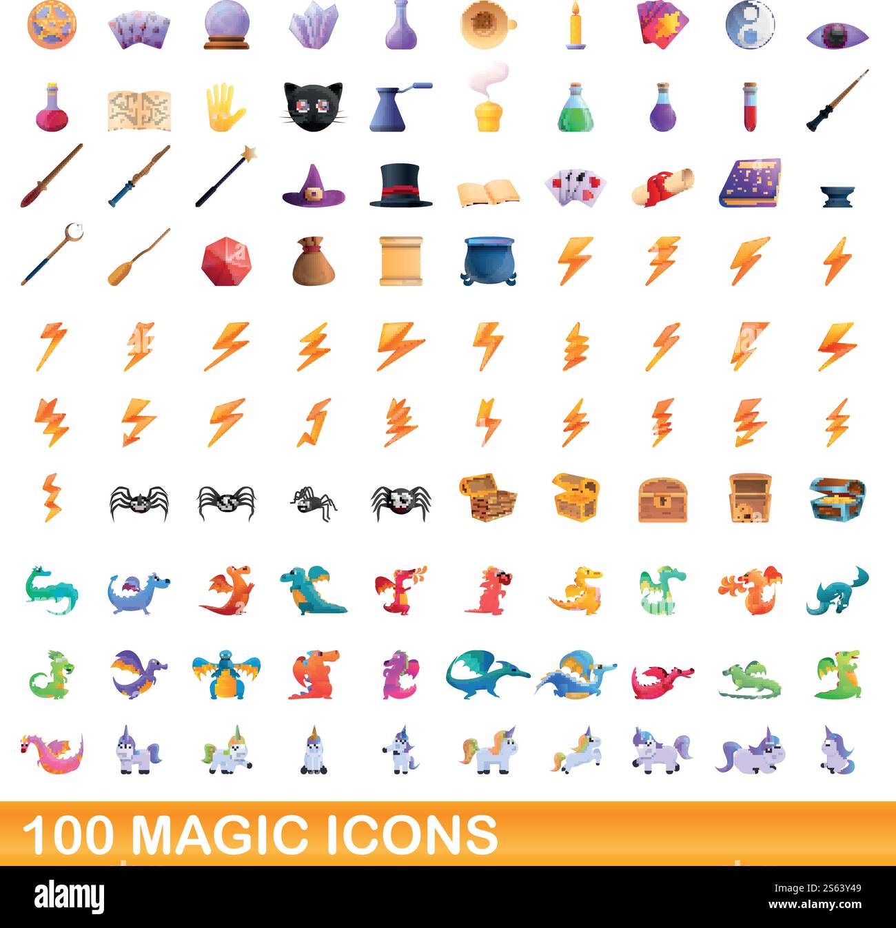 100 Zaubersymbole gesetzt. Zeichentrickillustration von 100 Zaubersymbolen Vektor-Set isoliert auf weißem Hintergrund. 100 Zaubersymbole, Zeichentrickstil Stock Vektor