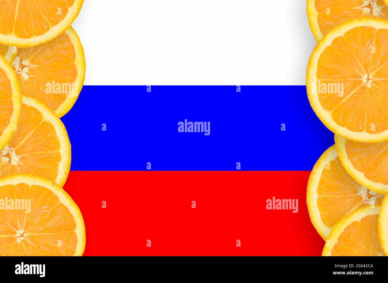 Russland-Flagge im vertikalen Rahmen von Orangen-Zitrusfrüchtescheiben. Konzept des Anbaus sowie der Einfuhr und Ausfuhr von Zitrusfrüchten. Russische Flagge in Zitrusfrüchten Stockfoto