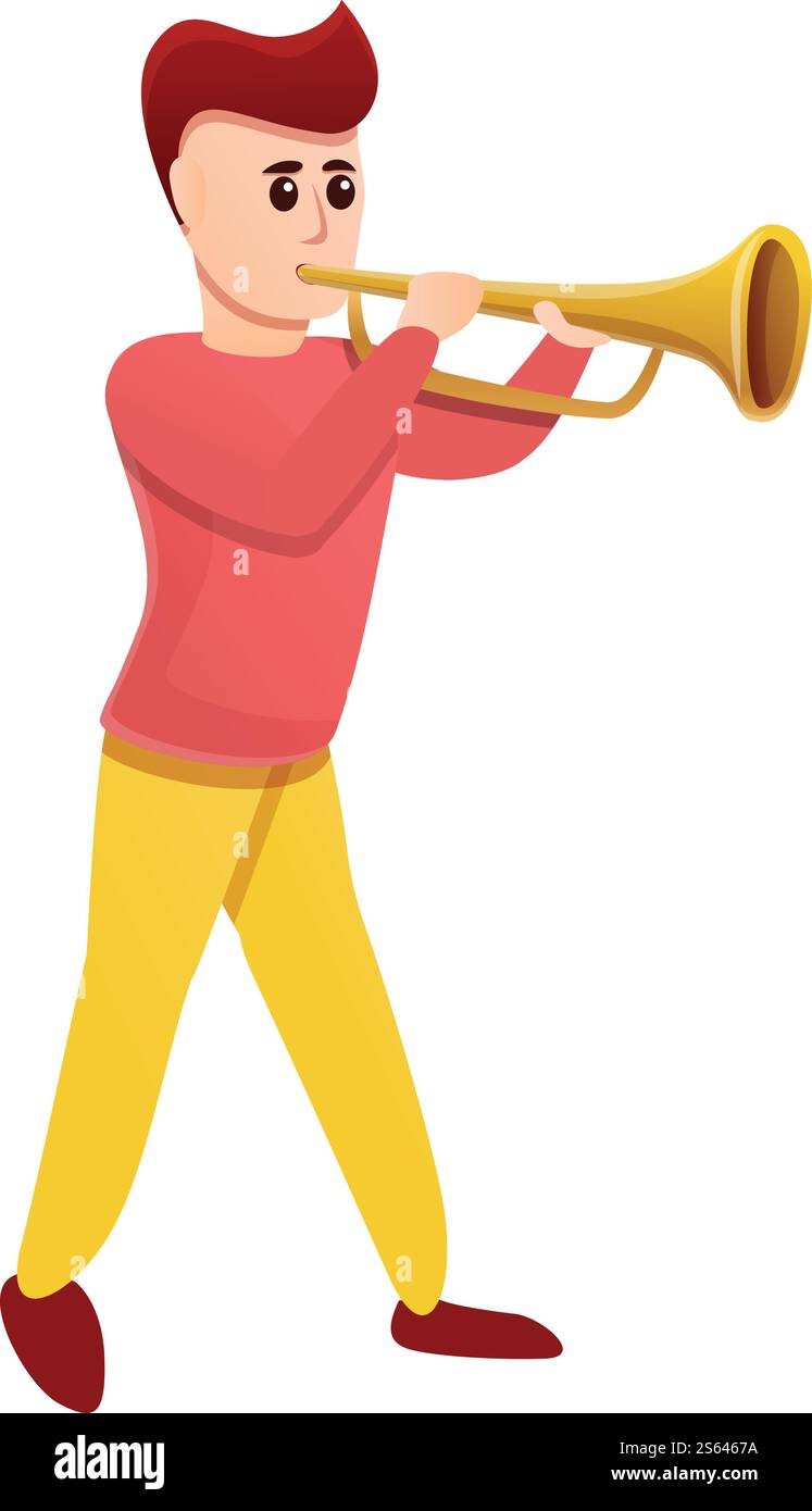 Junge, der Trompete spielt. Cartoon des Jungen, der Trompetenvektor-Symbol für Webdesign spielt, isoliert auf weißem Hintergrund. Junge, der Trompete spielt, Ikone im Cartoon-Stil Stock Vektor