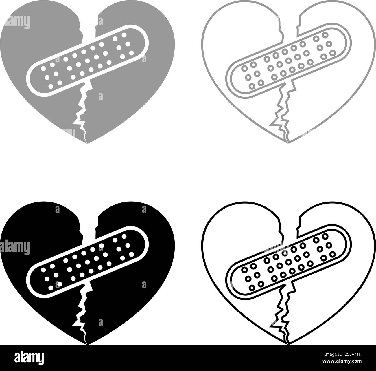 Herz mit Patch verbindet zwei Hälften Symbol Umriss Set schwarz grau Farbe Vektor Illustration flache Stil einfaches Bild. Herz mit Patch verbindet zwei Hälften Symbol Umriss Set schwarz grau Farbe Vektor Illustration flache Stil Bild Stock Vektor