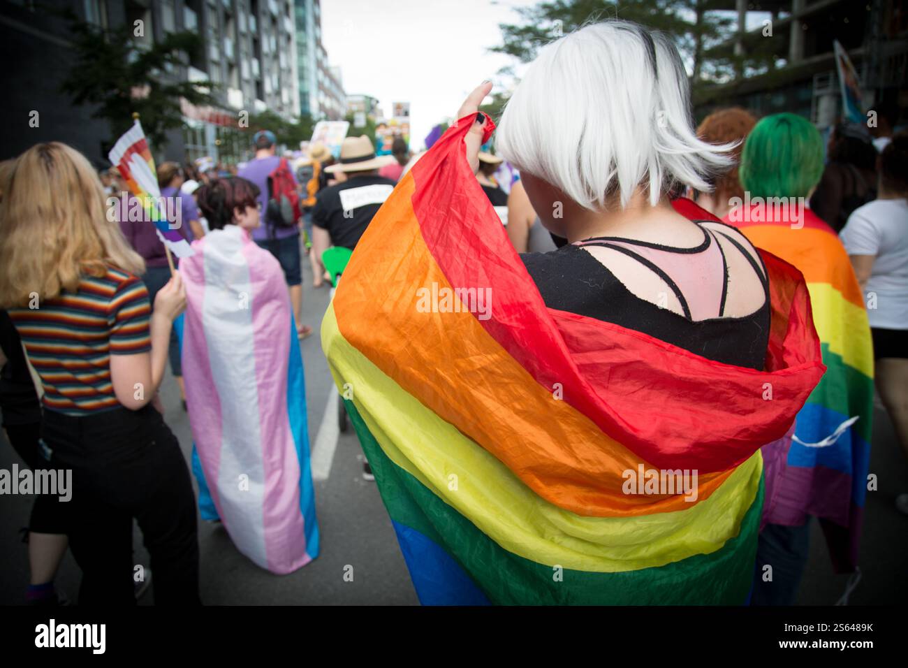 LGBTQ+ Stolz-märz mit den Teilnehmern in bunten Regenbogen- und Transgender-Flaggen. Stockfoto