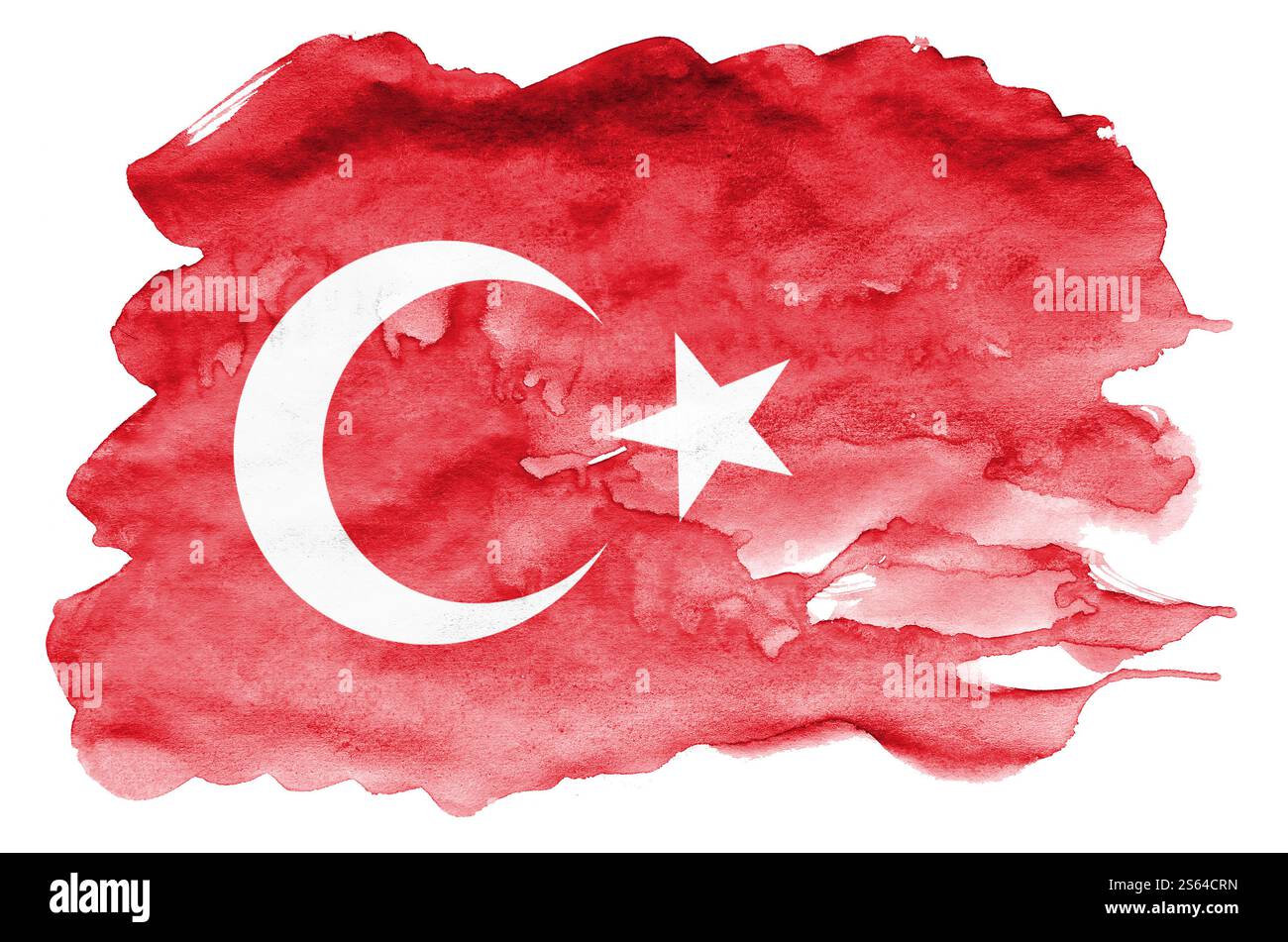 Die Flagge der Türkei ist in flüssigem Aquarell auf weißem Hintergrund dargestellt. Unvorsichtige Farbschattierung mit Bild der Nationalflagge. Unabhängigkeitstag Stockfoto