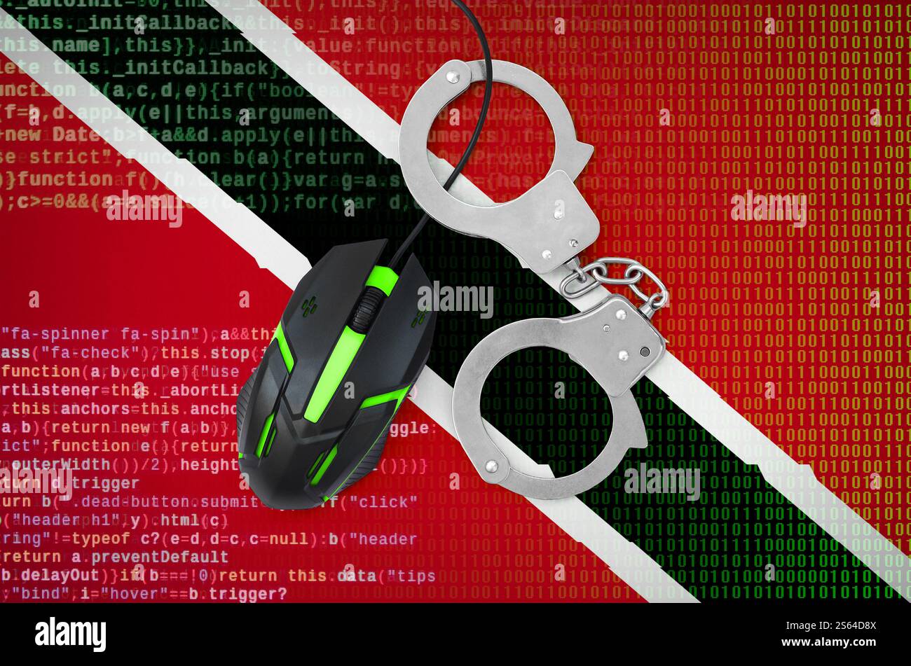 Trinidad und Tobago Flagge und Handschellen moderne Computermaus mit Hintergrundbeleuchtung. Kreatives Konzept zur Bekämpfung von Computerkriminalität, Hackern und Piraterie. Trinidad und Stockfoto