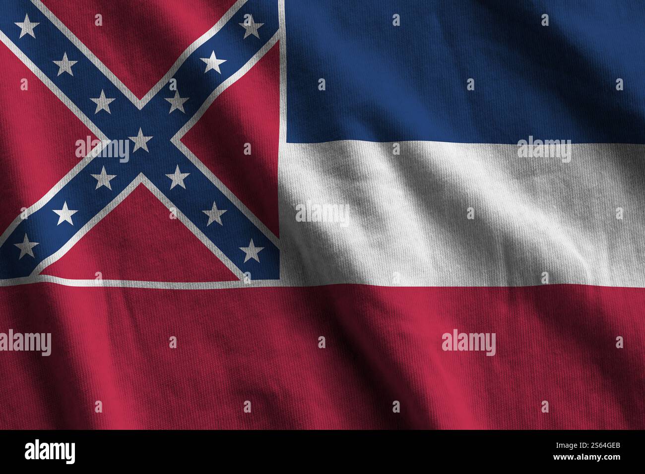 Mississippi neue US-Staatsflagge mit großen Falten, die dicht oben unter dem Studio-Licht winken. Die offiziellen Symbole und Farben im Stoffbanner. Stockfoto