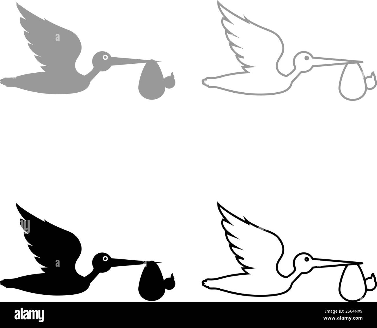 Storch trägt Baby in der Tasche Fliegender Vogel mit Art im Schnabelbündel Icon Umriss Set schwarz grau Farbe Vektor Illustration flache Art einfaches Bild. Storch trägt Baby in der Tasche Fliegender Vogel mit Art im Schnabelbündel Icon Umriss Set schwarz grau Farbe Vektor Illustration flache Stil Bild Stock Vektor