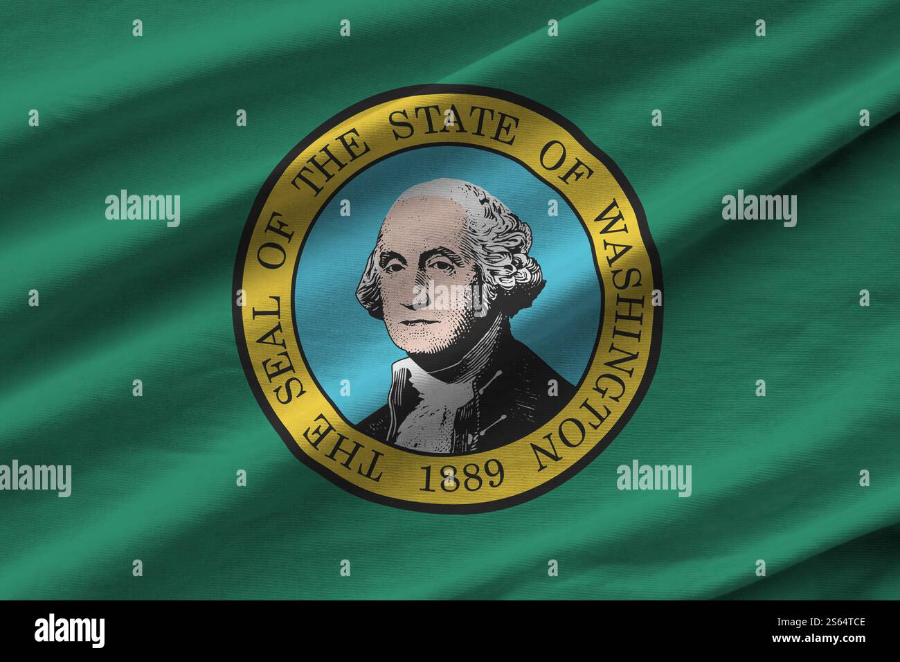 Washington US-Staatsflagge mit großen Falten, die dicht oben unter dem Studio-Licht zuwinken. Die offiziellen Symbole und Farben im Stoffbanner. Washington Stockfoto