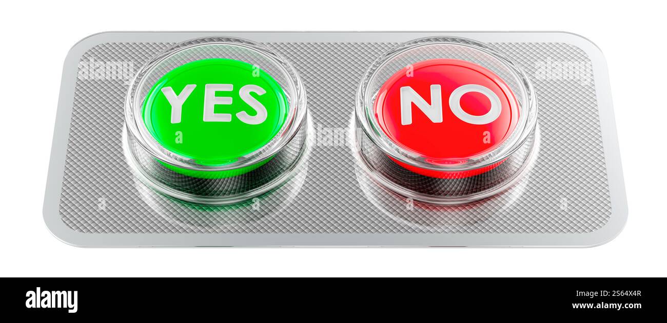 Ja und Nein Tabletten in Blisterpackungen, 3D-Rendering isoliert auf weißem Hintergrund Stockfoto
