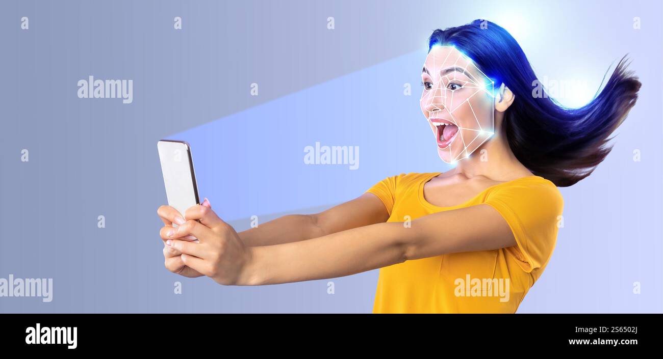 Frau mit moderner Technologie zur Gesichtserkennung in isolierter Umgebung Stockfoto